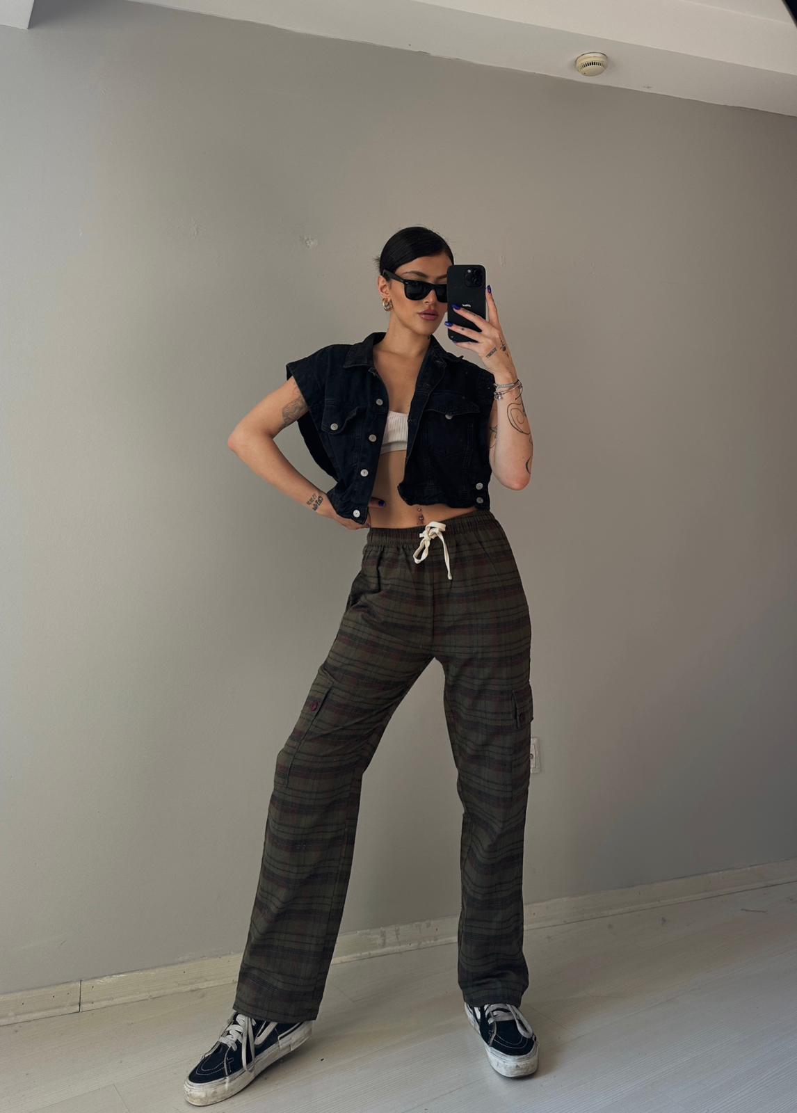 Haki - Kırmızı Ekose Unisex Baggy Eşofman Altı