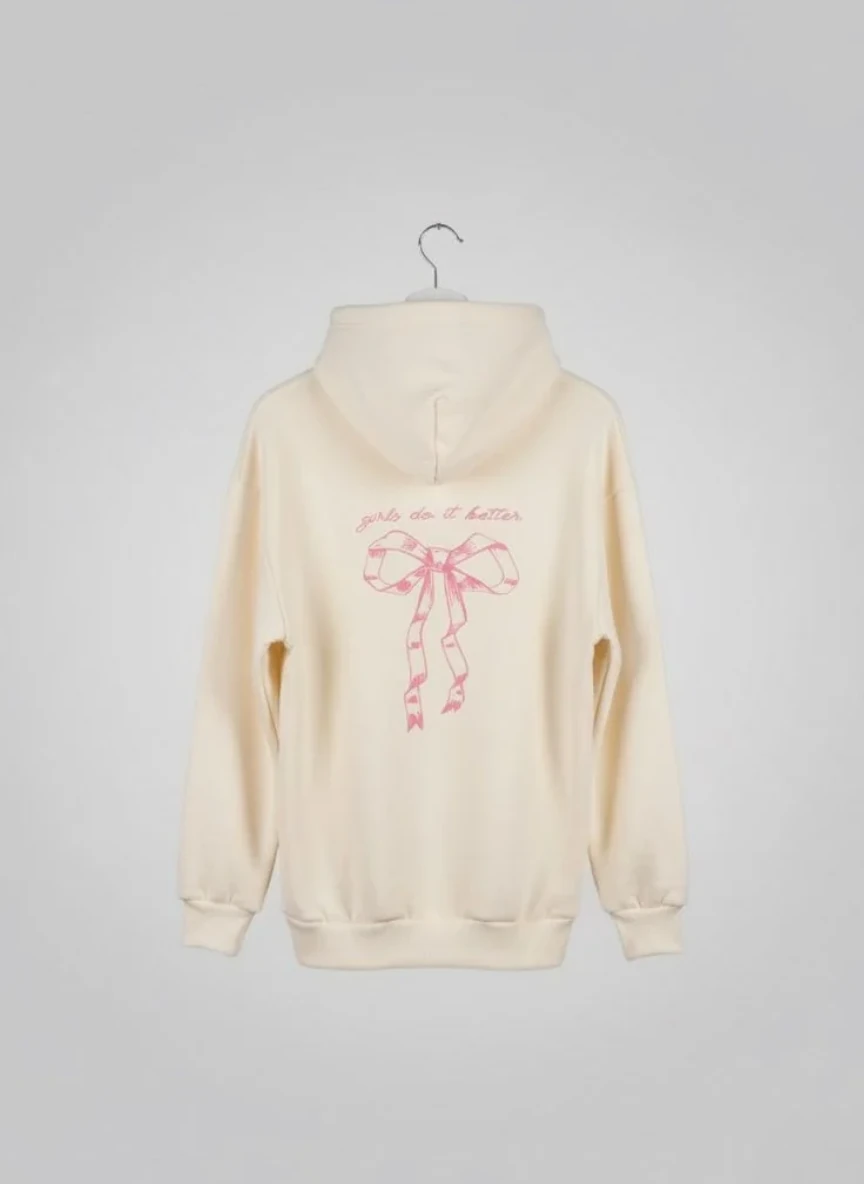 Bej Kurdele Baskılı Oversize Unisex Hoodie