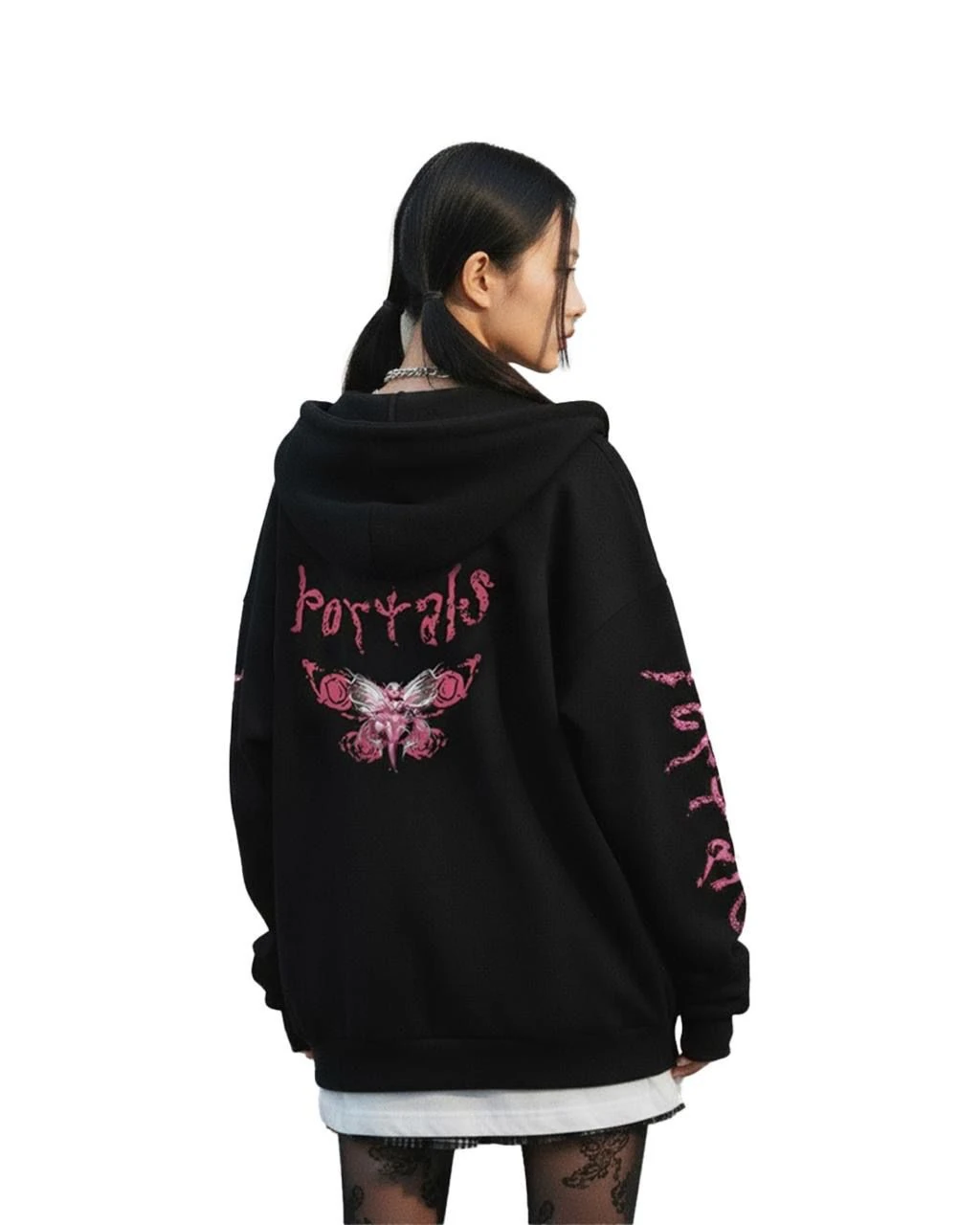 Gothic Design Portals Oversize Fermuarlı Siyah Unisex Kapüşonlu Hırka