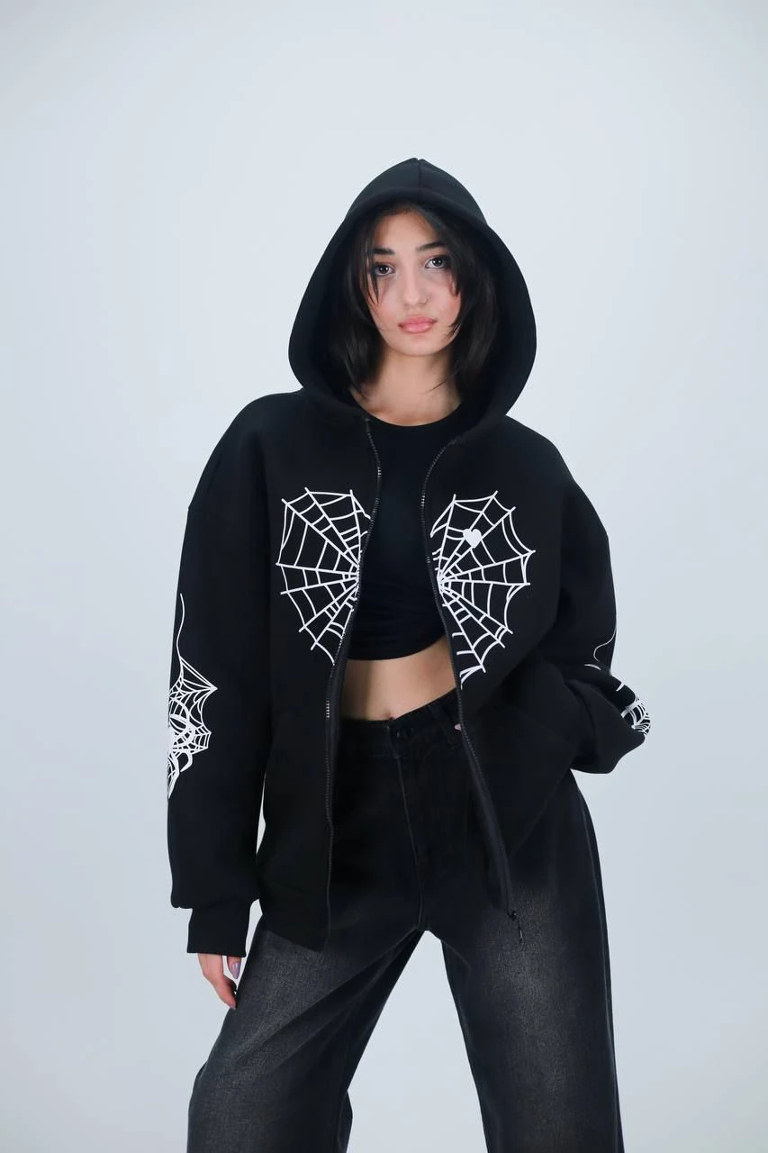 Spider Web Detail Siyah Oversize Unisex Hırka