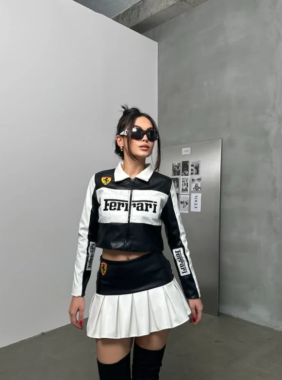 Ferrari Black Deri Etek-Ceket Takım