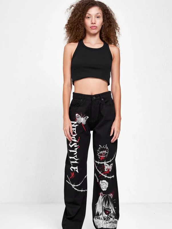 Punk Baskılı Wide Leg Unisex Jean
