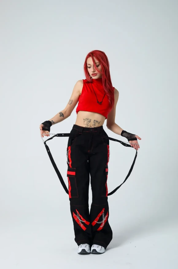 Kırmızı Şerit Detaylı Baggy Cyber-Pants