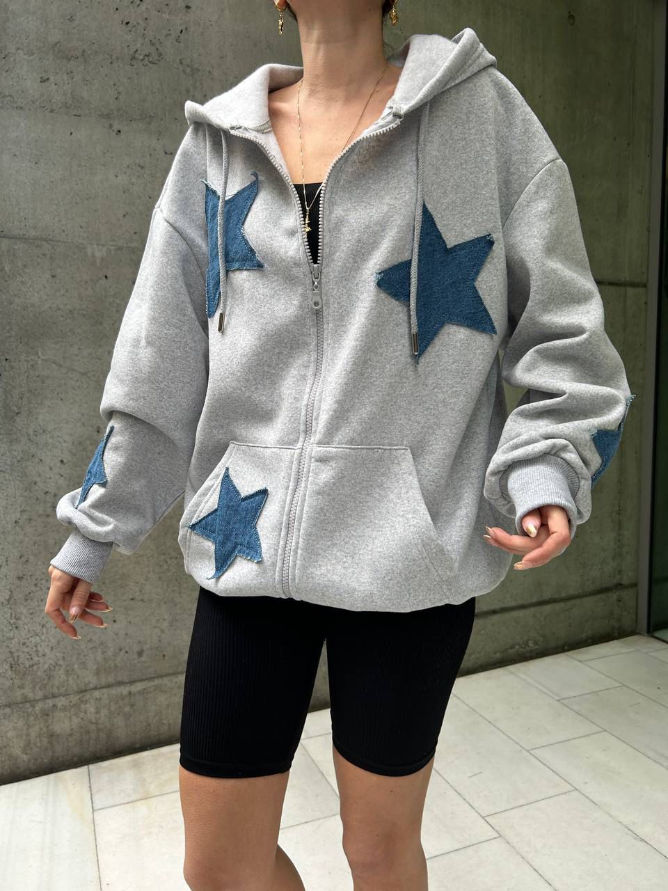 Stars Nakışlı Gri Oversize Unisex Hırka