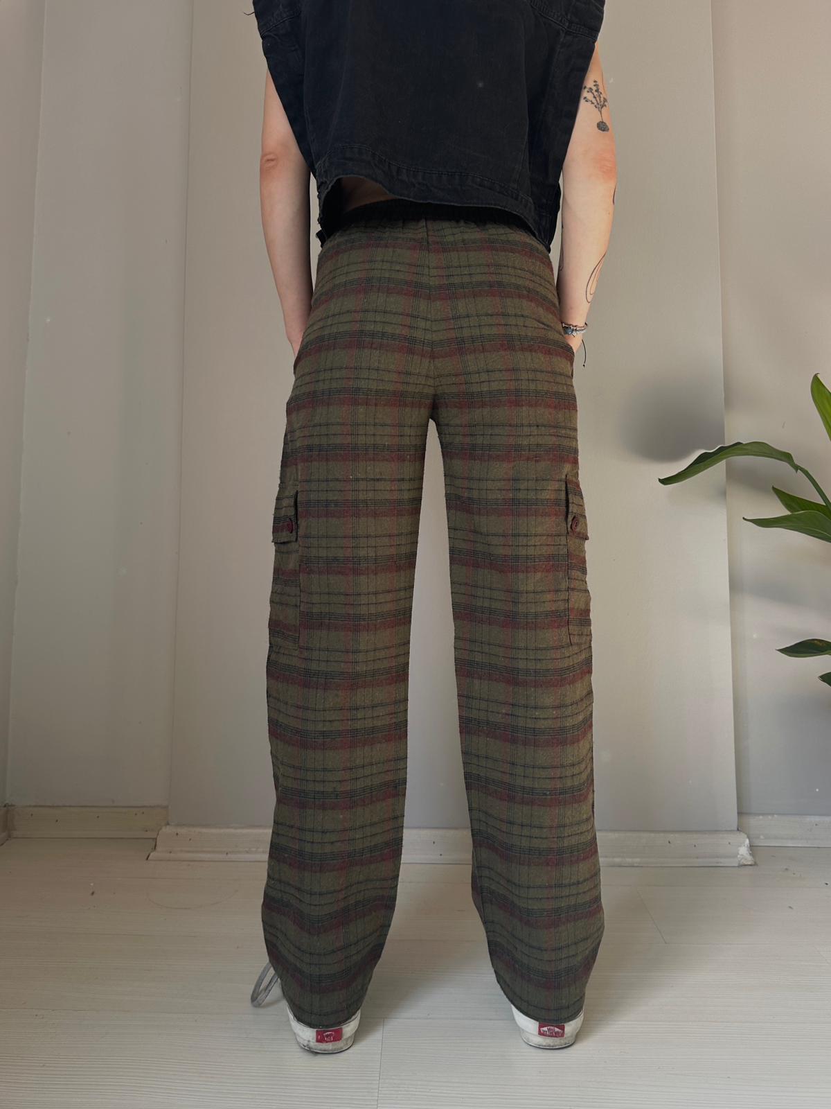 Haki - Kırmızı Ekose Unisex Baggy Eşofman Altı