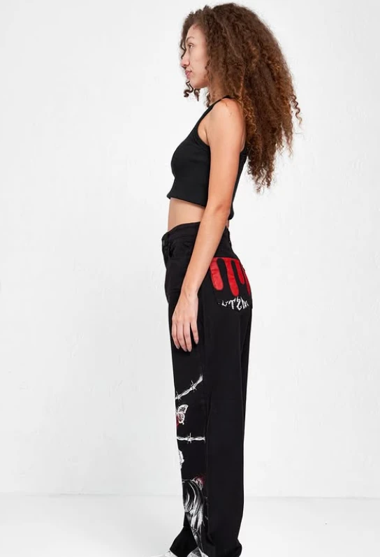 Punk Baskılı Wide Leg Unisex Jean