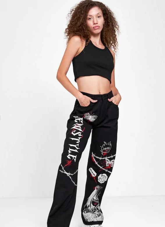 Punk Baskılı Wide Leg Unisex Jean