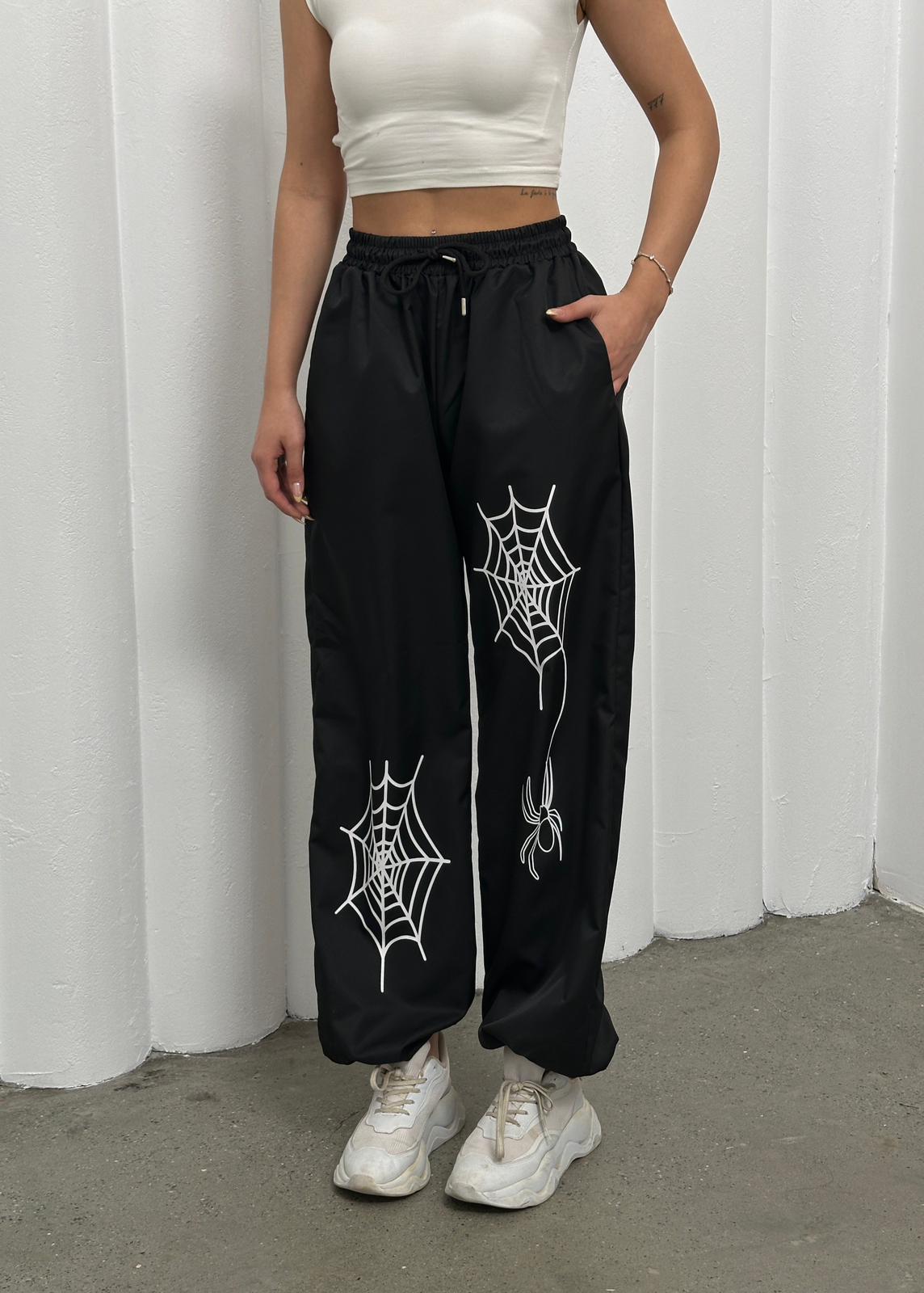 Spider Detail Siyah Bol Unisex Eşofman Altı