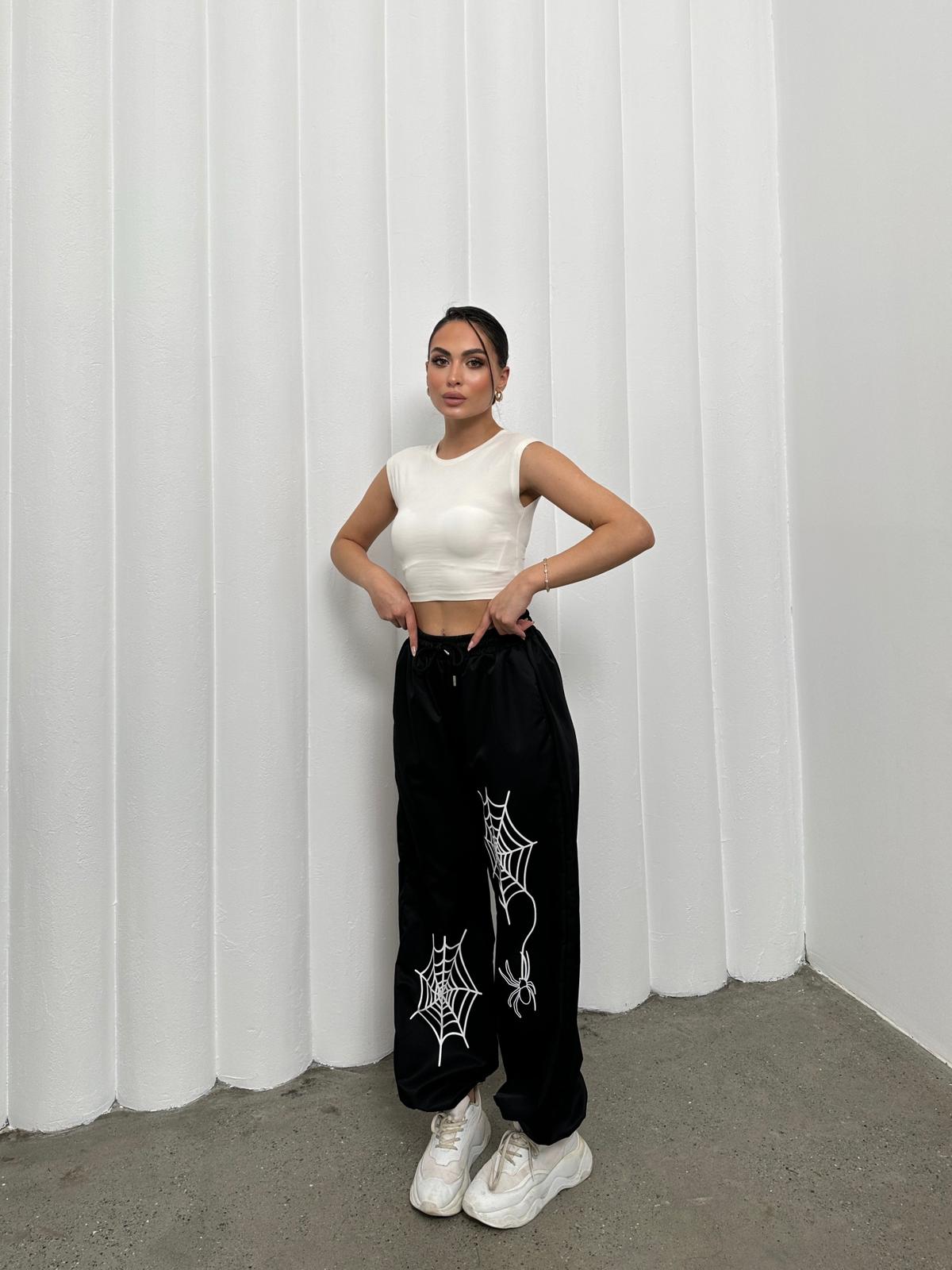 Spider Detail Siyah Bol Unisex Eşofman Altı