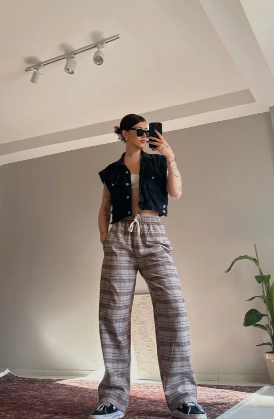 Kahverengi - Kırmızı Ekose Unisex Baggy Eşofman Altı