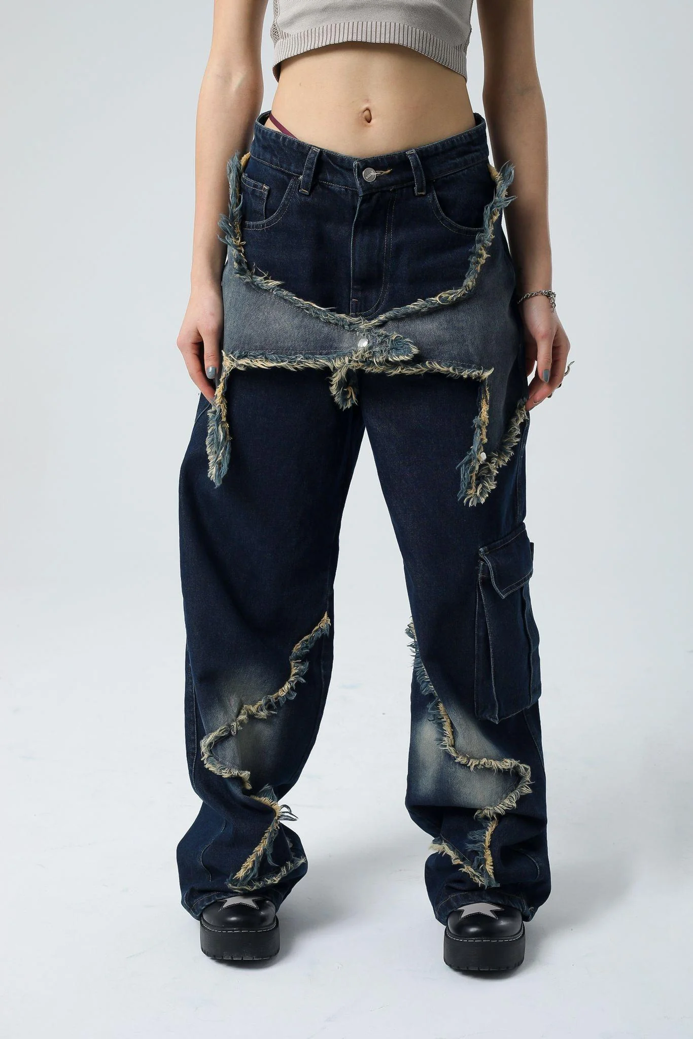 Mavi Yıldız Bağlı Karo Cep Baggy Unisex Pantolon