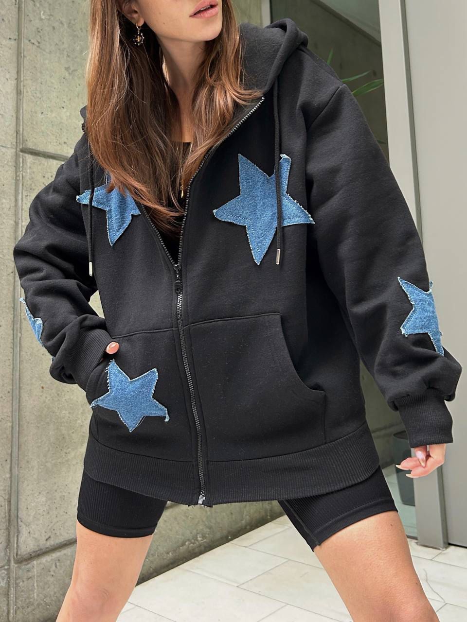 Stars Nakışlı Siyah Oversize Unisex Hırka