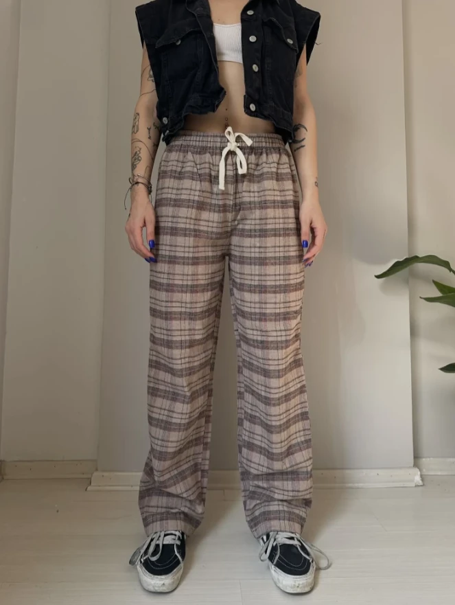 Kahverengi - Kırmızı Ekose Unisex Baggy Eşofman Altı