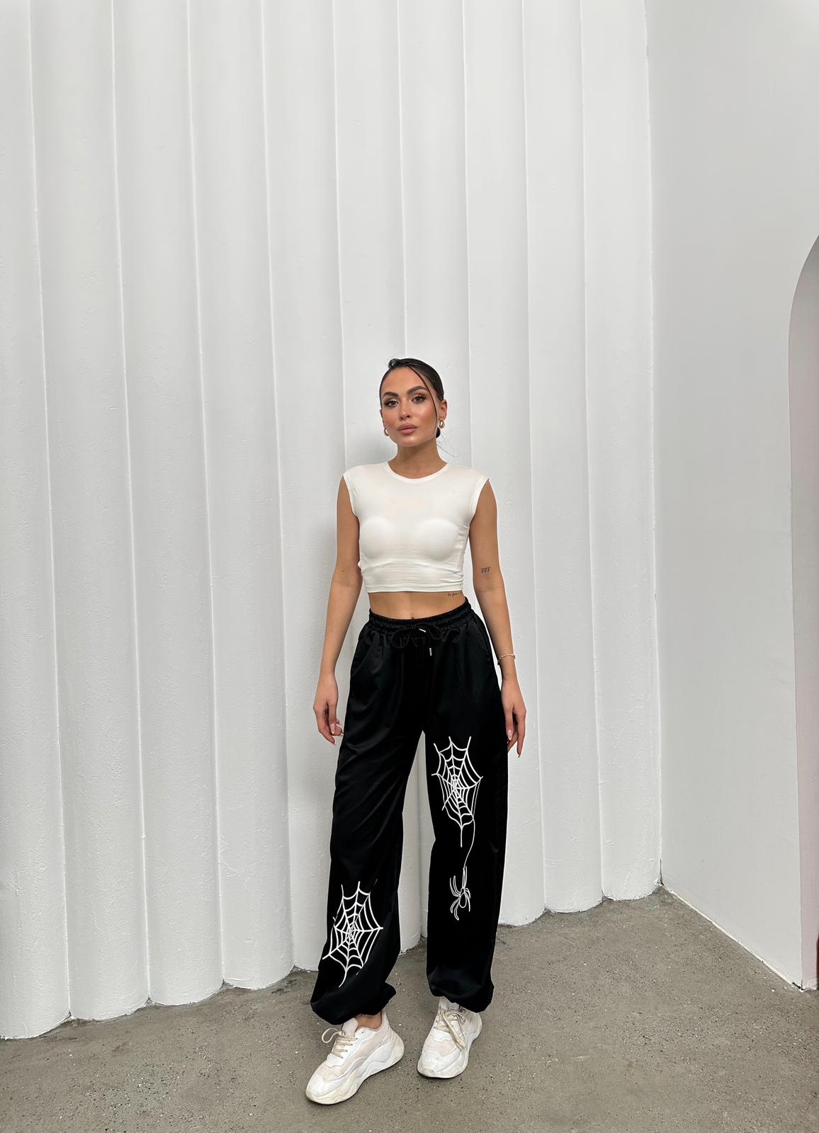 Spider Detail Siyah Bol Unisex Eşofman Altı