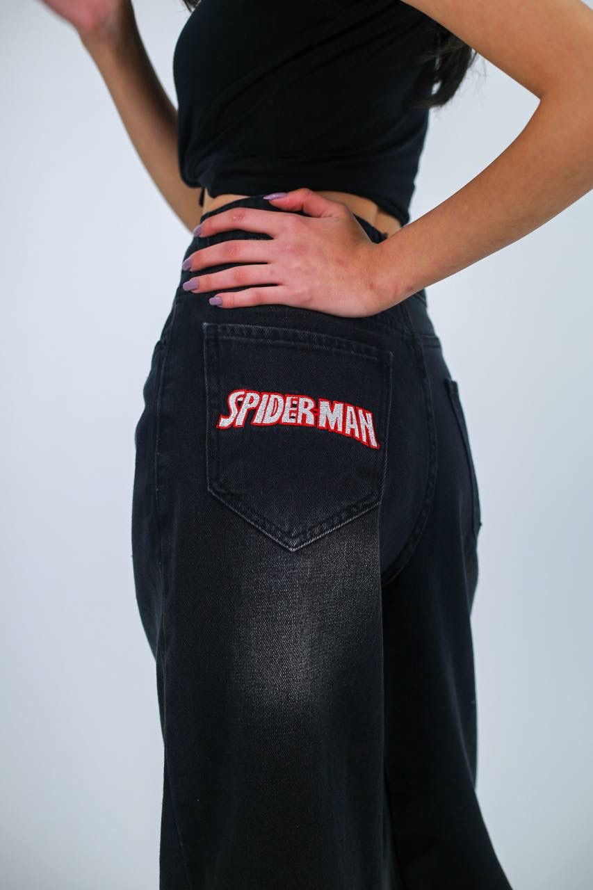 Spider-Man Black Baggy Unisex Yıkamalı Jean