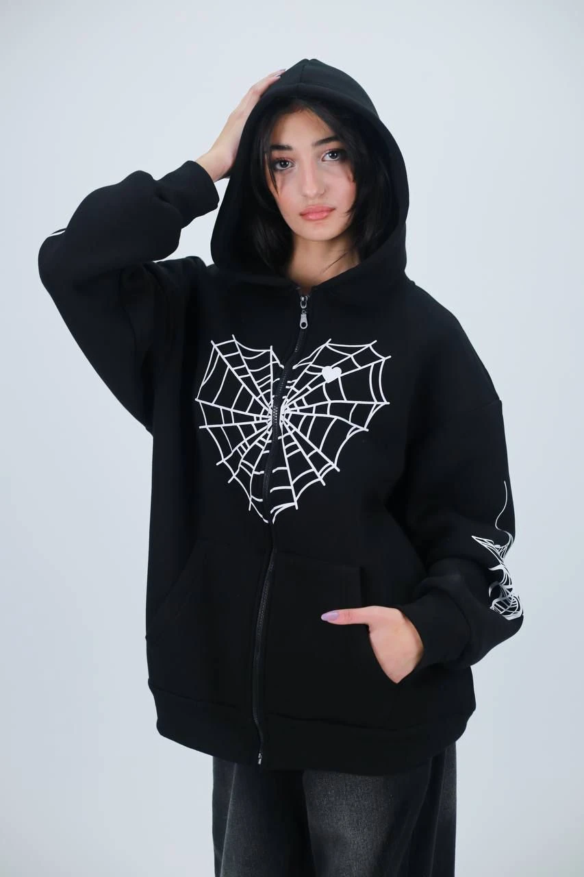 Spider Web Detail Siyah Oversize Unisex Hırka