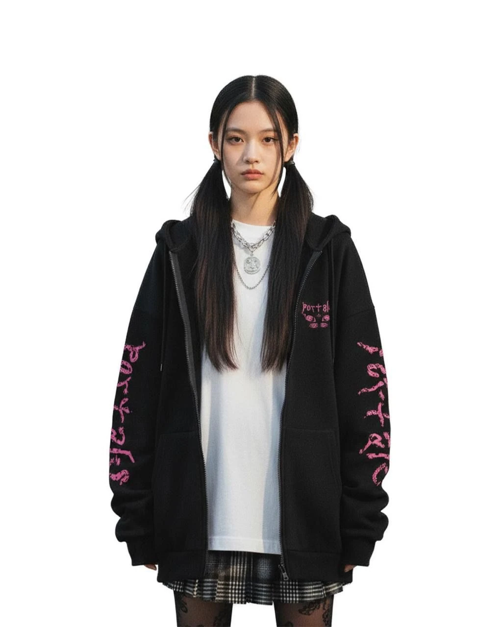 Gothic Design Portals Oversize Fermuarlı Siyah Unisex Kapüşonlu Hırka