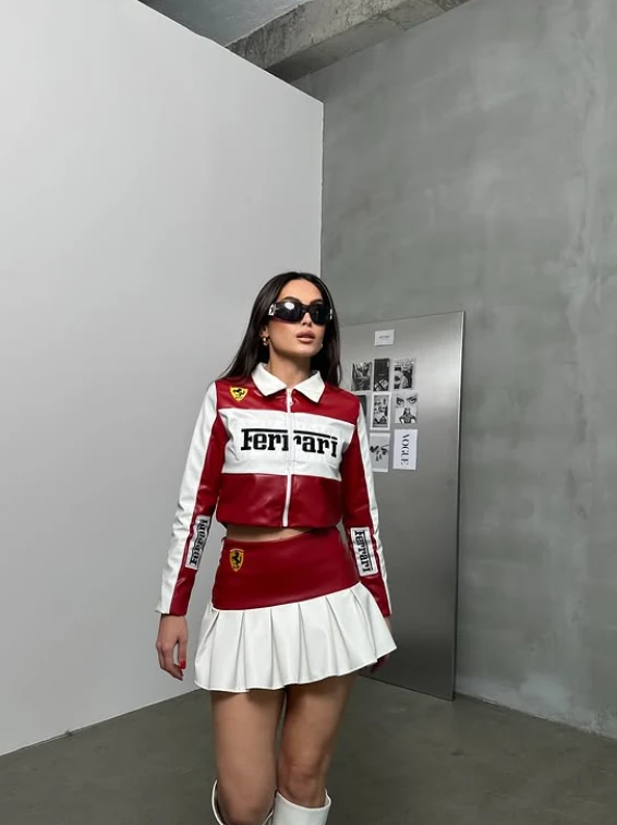 Ferrari Red Deri Etek-Ceket Takım
