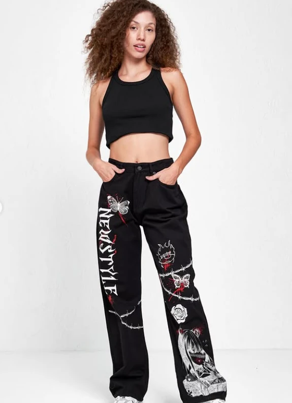 Punk Baskılı Wide Leg Unisex Jean