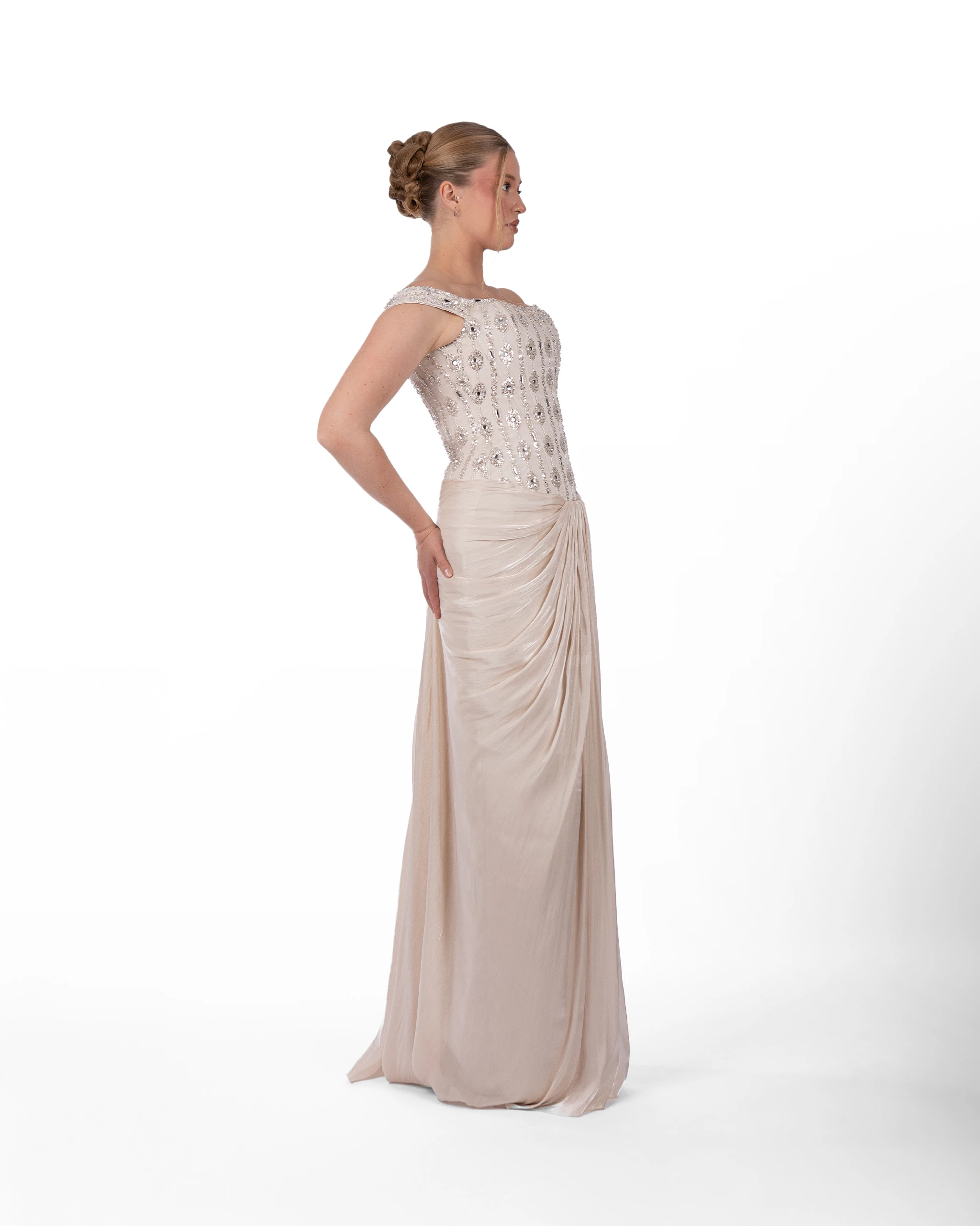 Sand Abiye – İşlemeli Korsajlı Drapeli Soft Kum Rengi Model