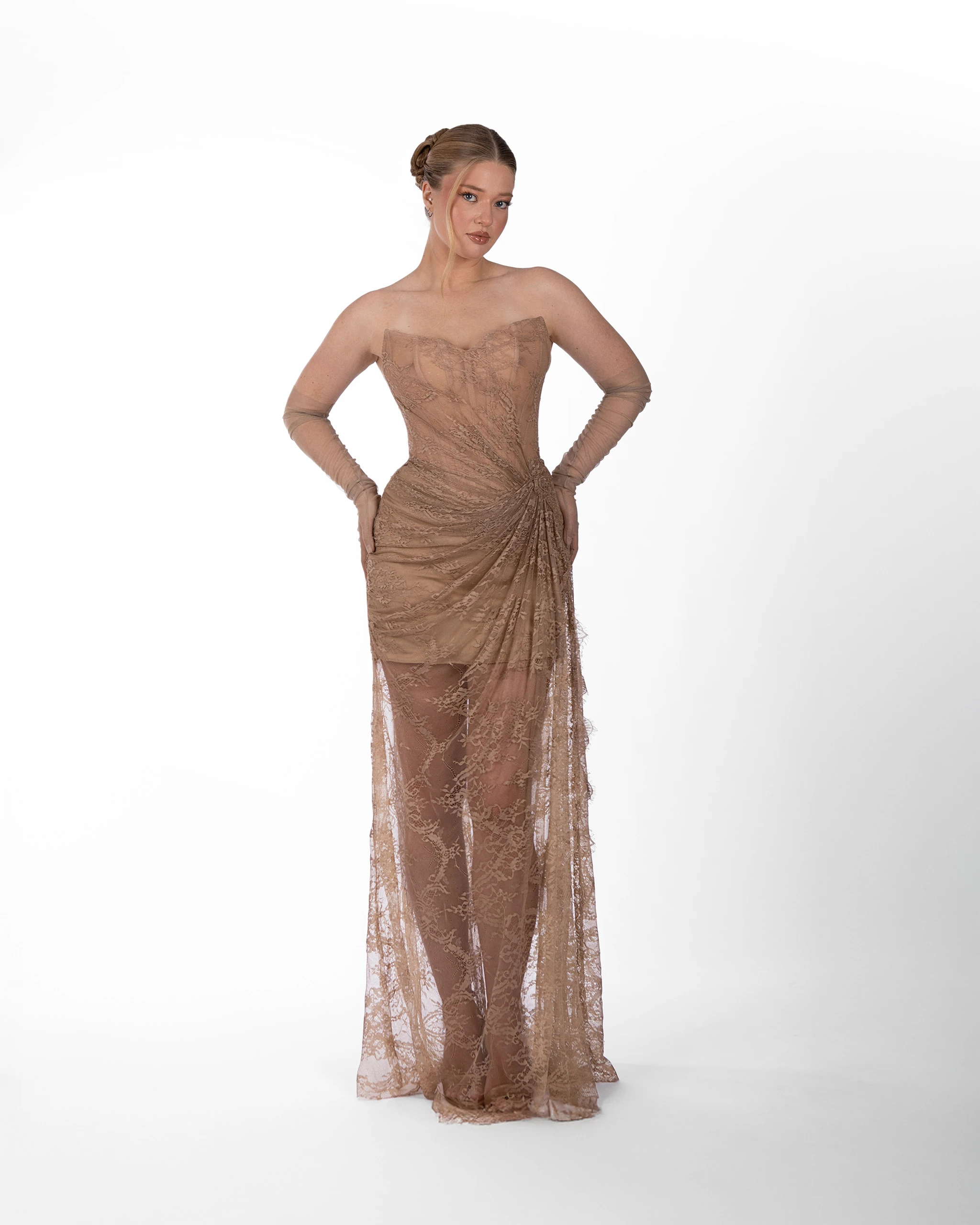 Brownlee Abiye – Zarif Drapeli Kahve Nude Geçişli Model