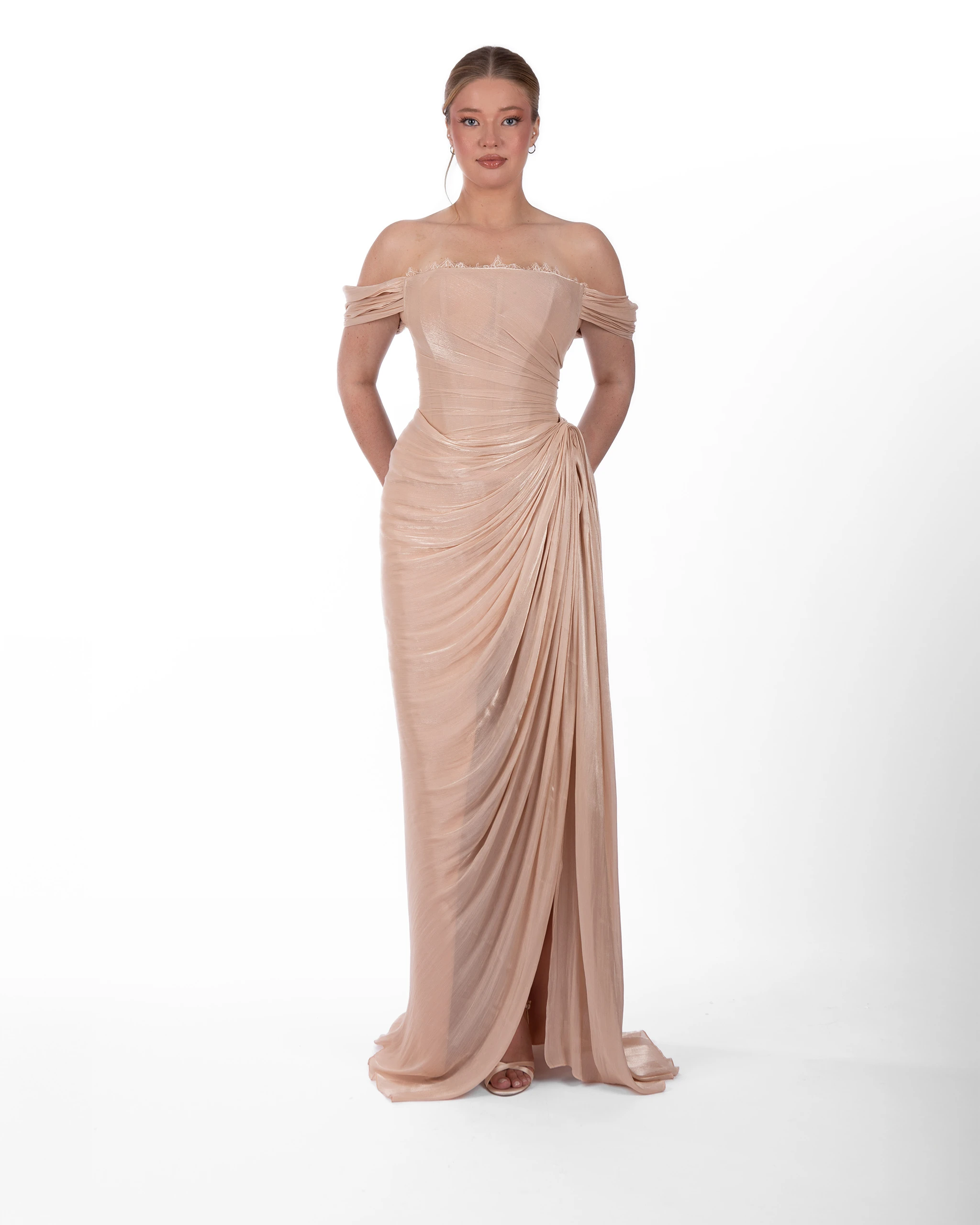 Leaf Abiye – Omuz Açık Drapeli Işıltılı Şampanya Model