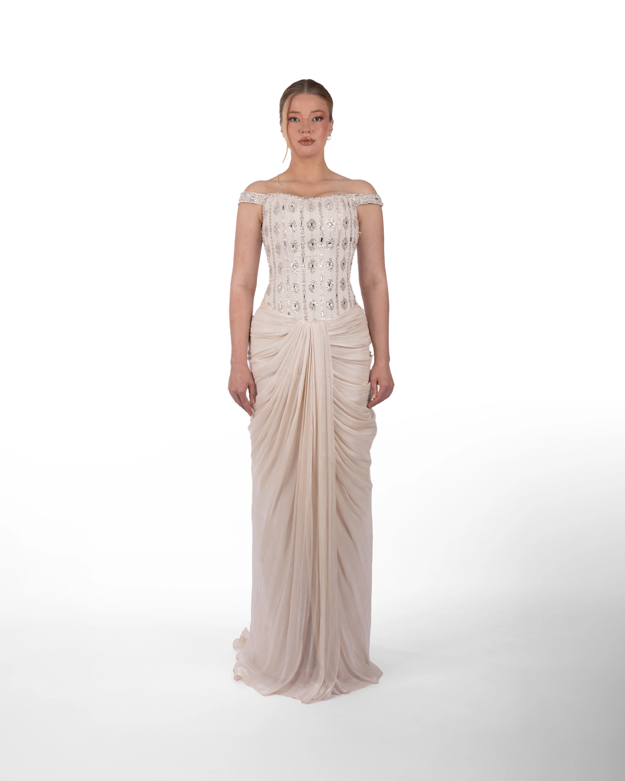 Sand Abiye – İşlemeli Korsajlı Drapeli Soft Kum Rengi Model