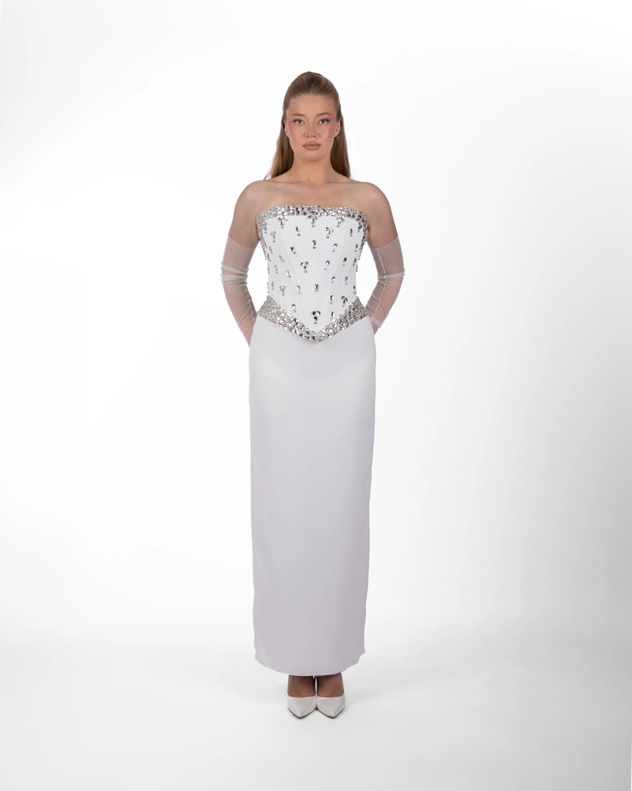 Kaus Beyaz - Taş Detaylı Korse Formlu Modern Tasarım