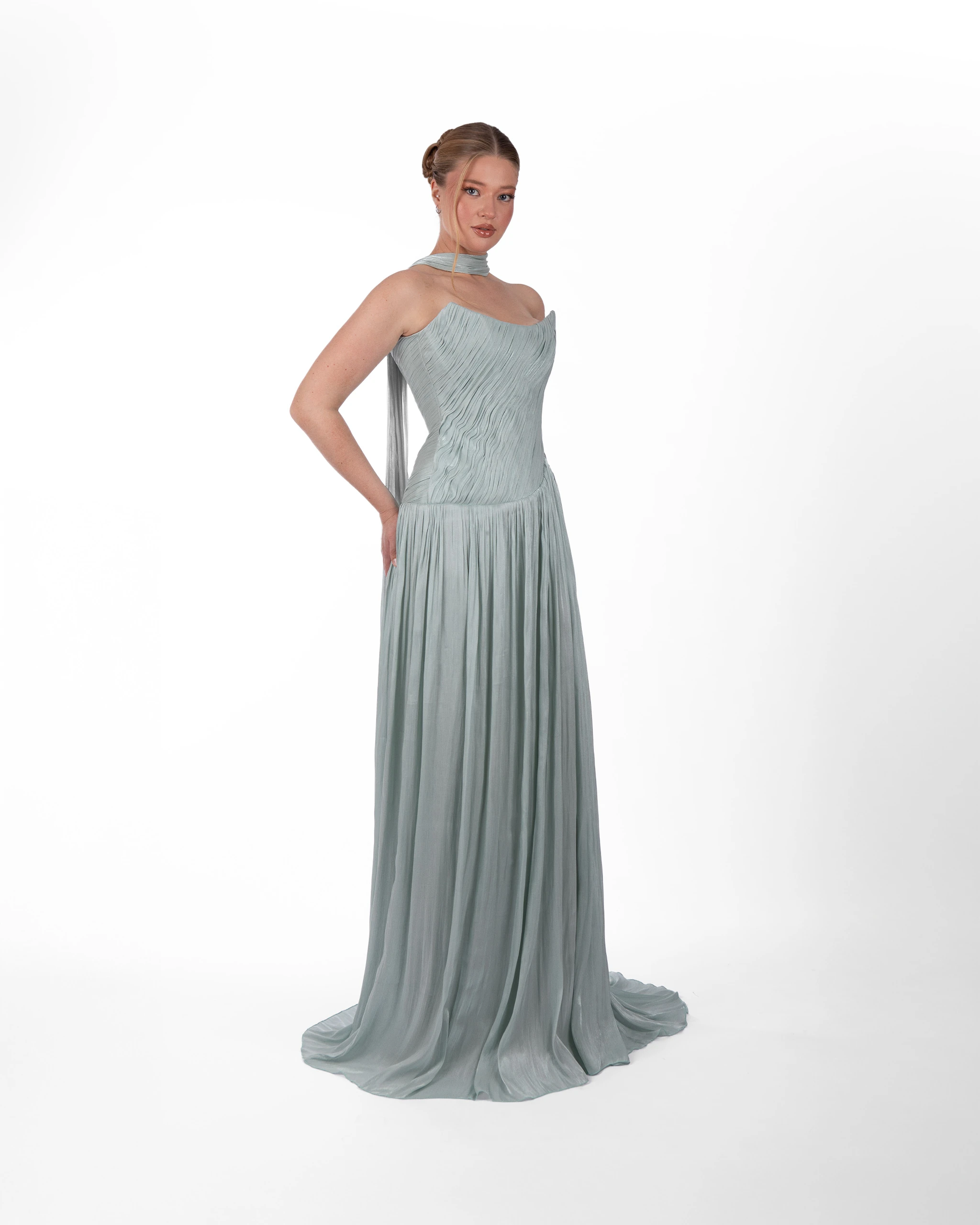 Water Fairy Abiye – Su Dalgası Dokulu Askısız Elbise