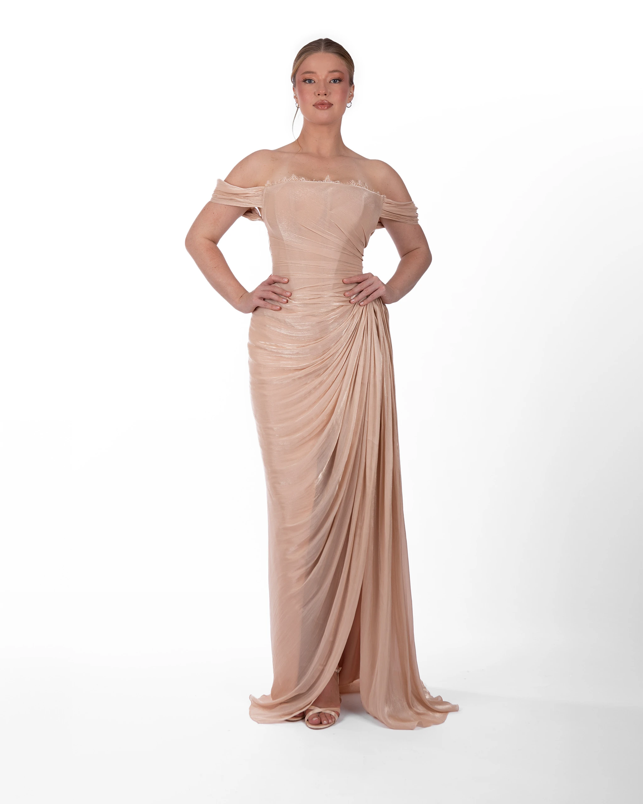 Leaf Abiye – Omuz Açık Drapeli Işıltılı Şampanya Model
