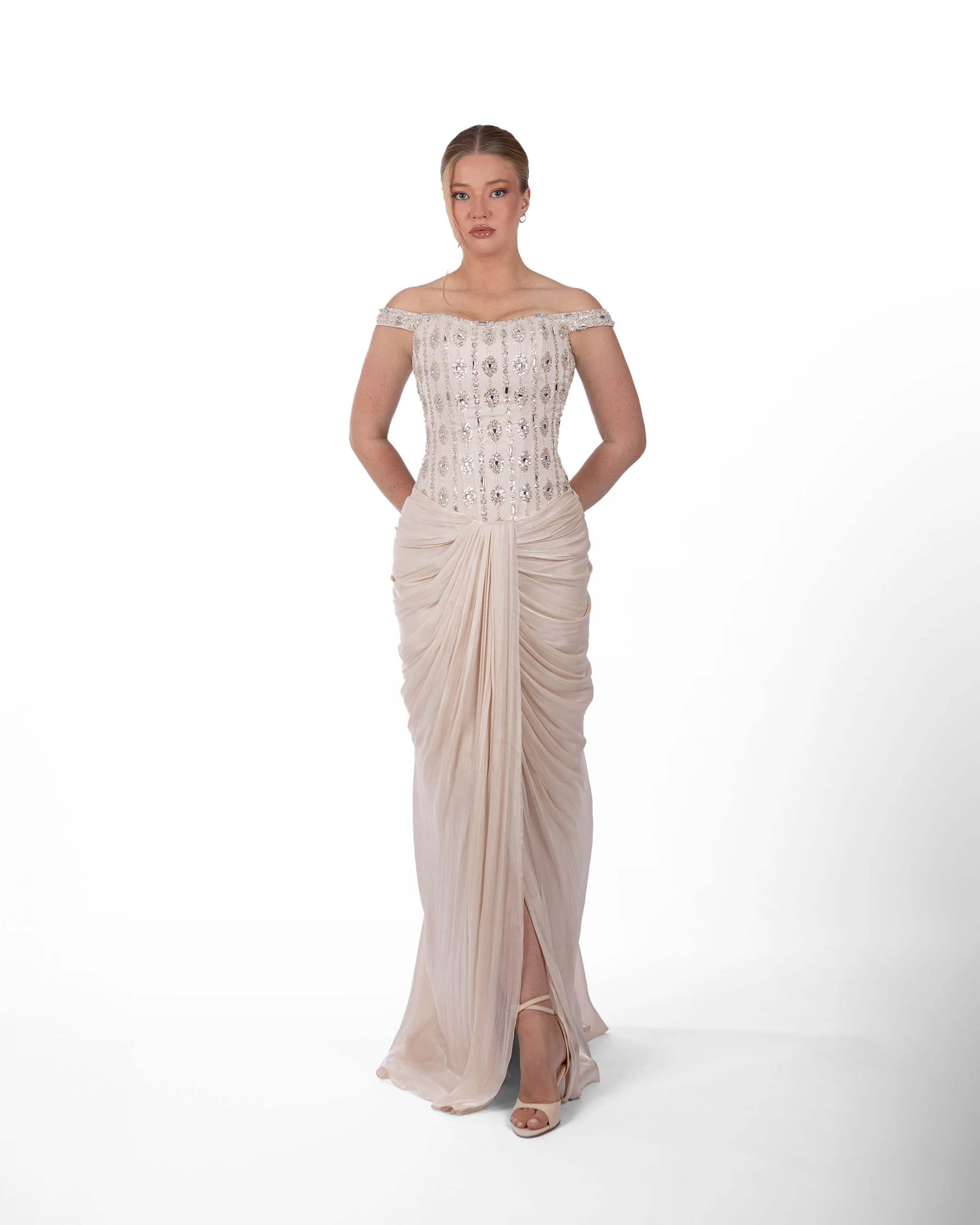 Sand Abiye – İşlemeli Korsajlı Drapeli Soft Kum Rengi Model