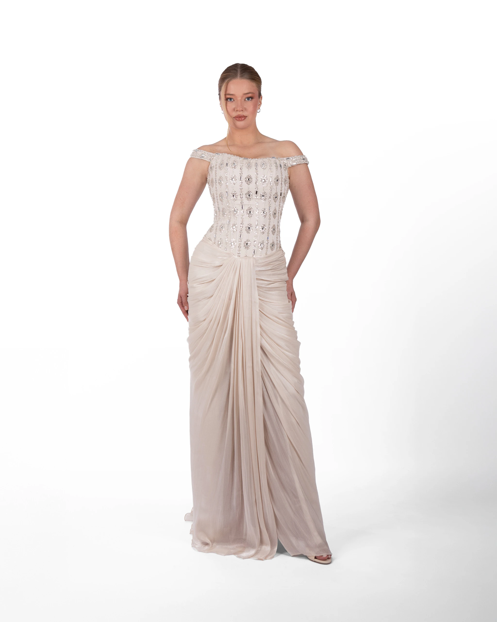 Sand Abiye – İşlemeli Korsajlı Drapeli Soft Kum Rengi Model