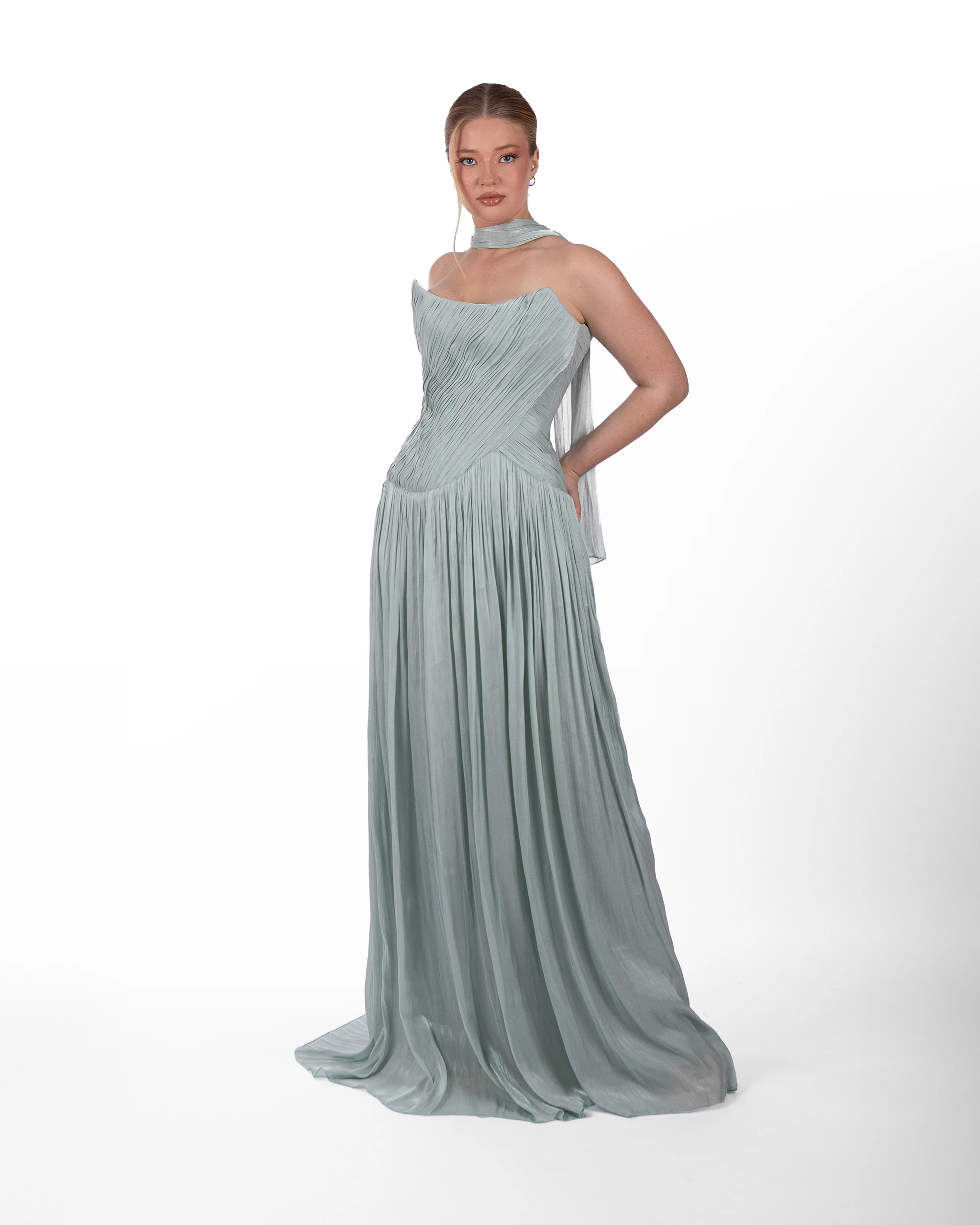 Water Fairy Abiye – Su Dalgası Dokulu Askısız Elbise