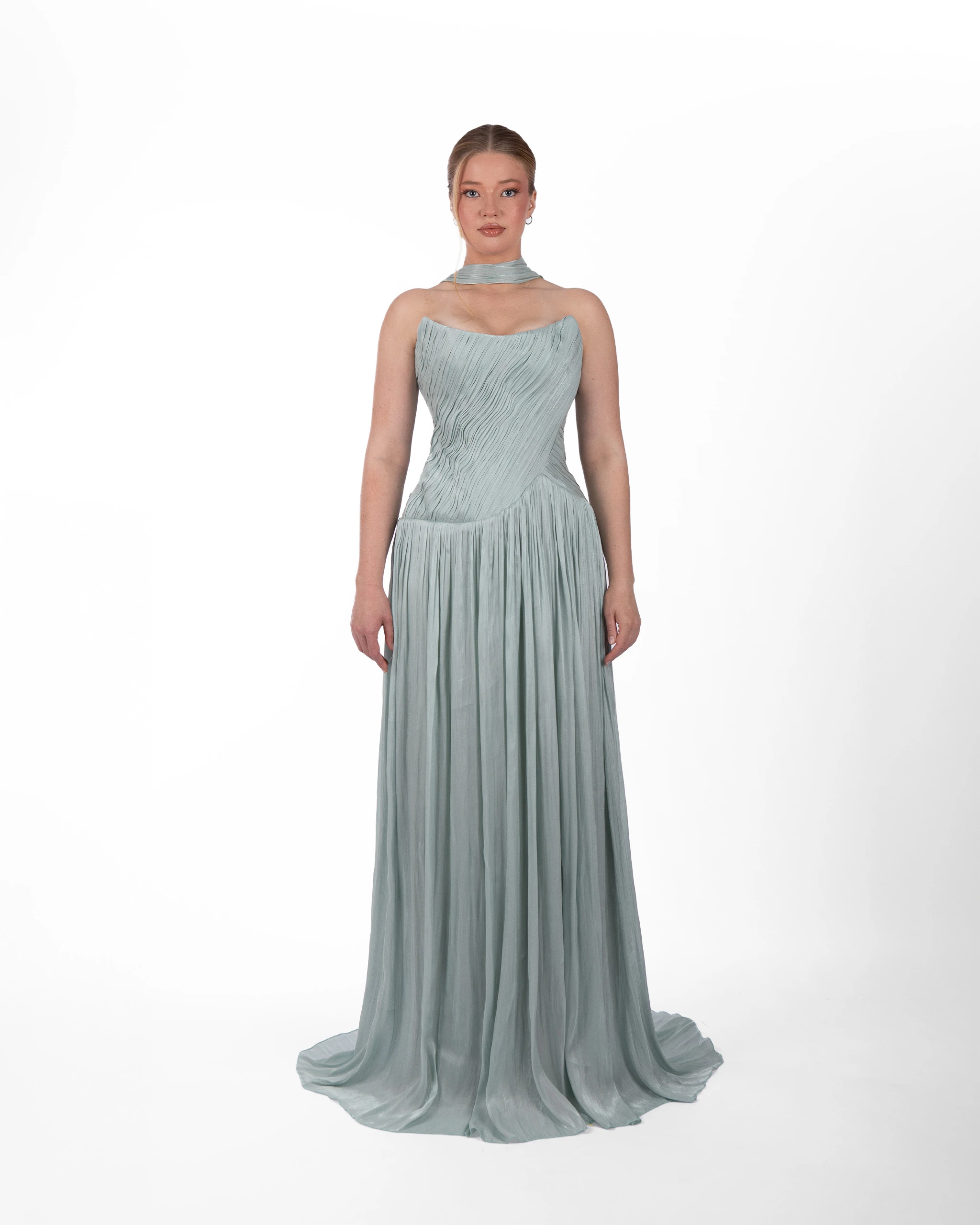 Water Fairy Abiye – Su Dalgası Dokulu Askısız Elbise