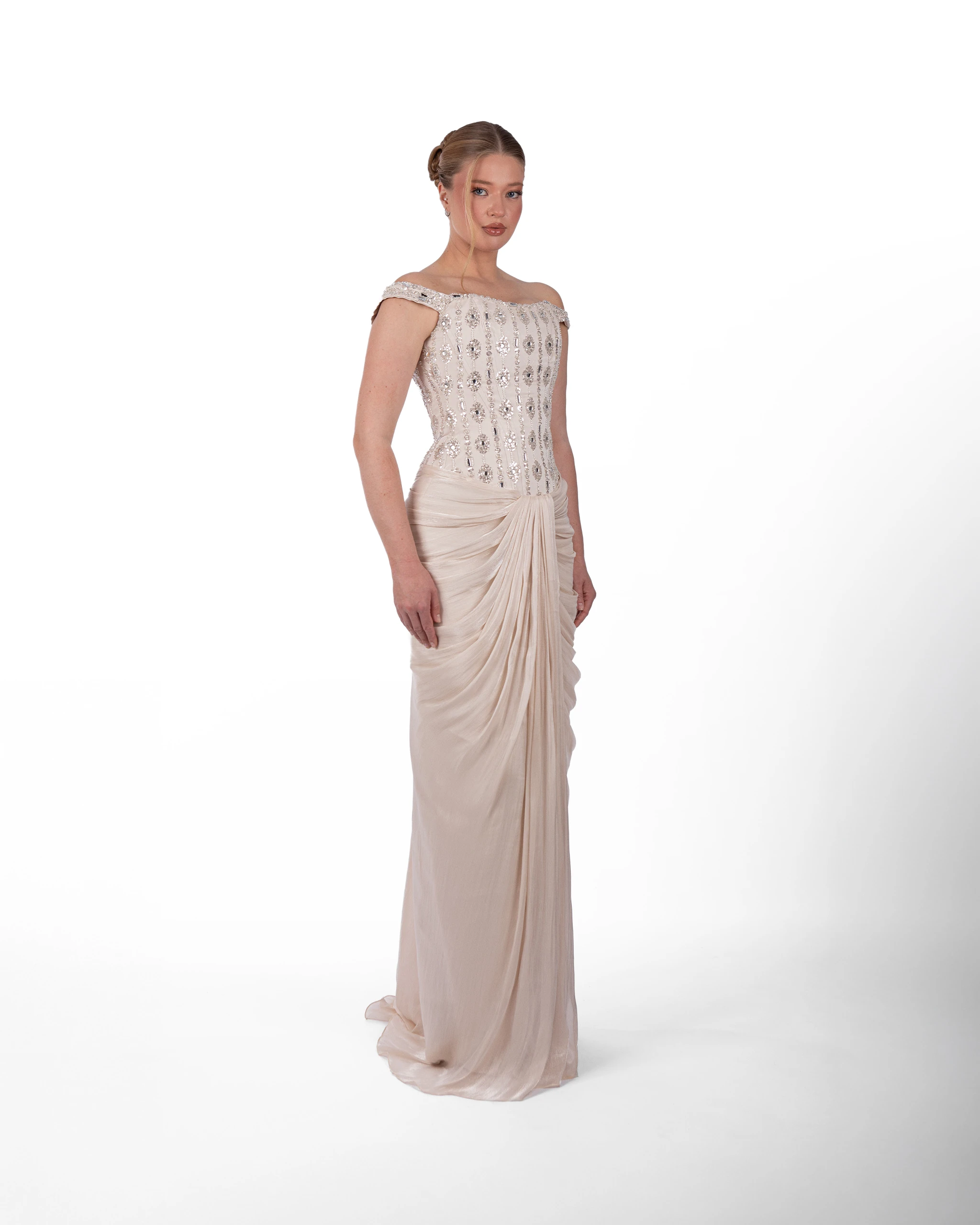 Sand Abiye – İşlemeli Korsajlı Drapeli Soft Kum Rengi Model