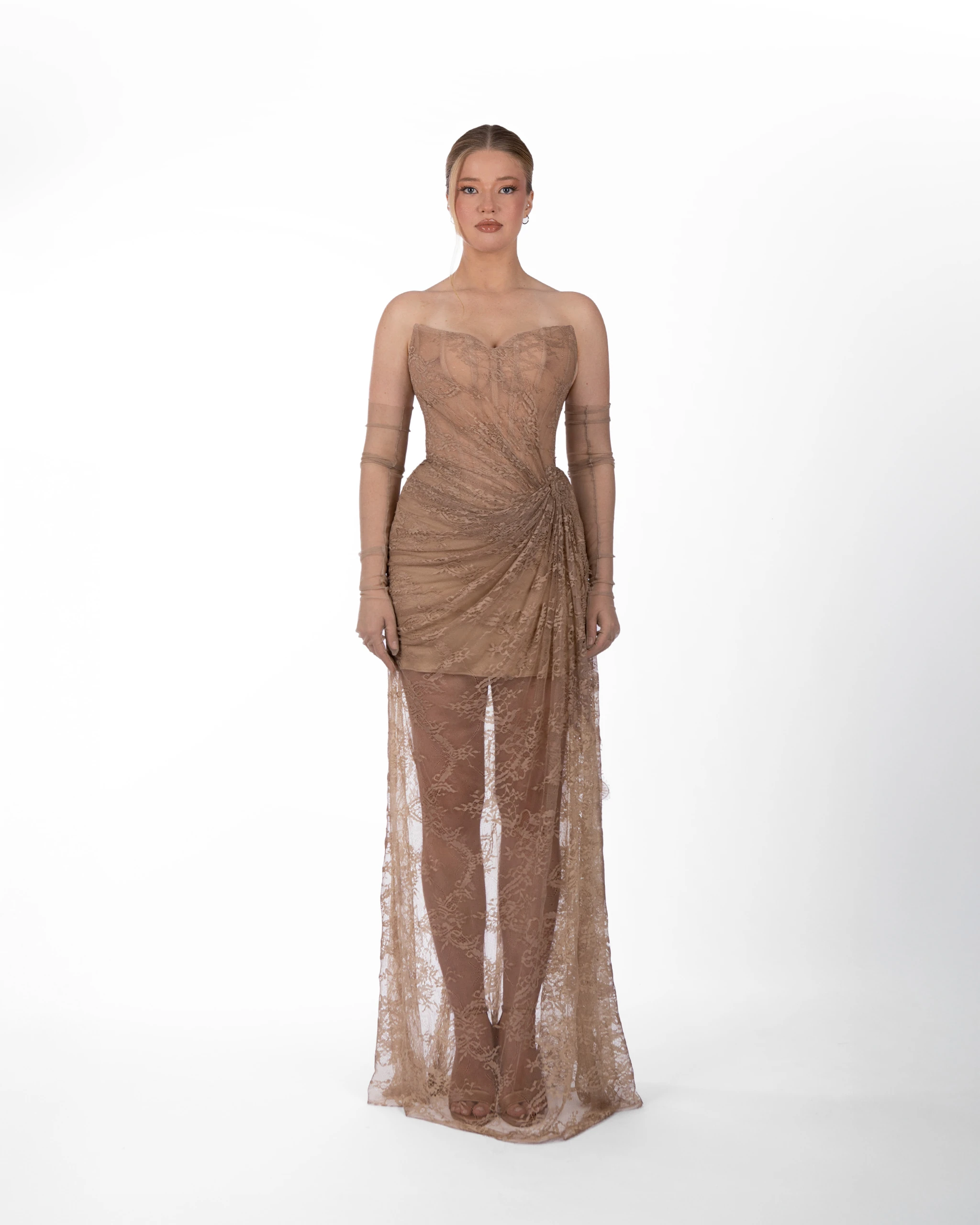 Brownlee Abiye – Zarif Drapeli Kahve Nude Geçişli Model