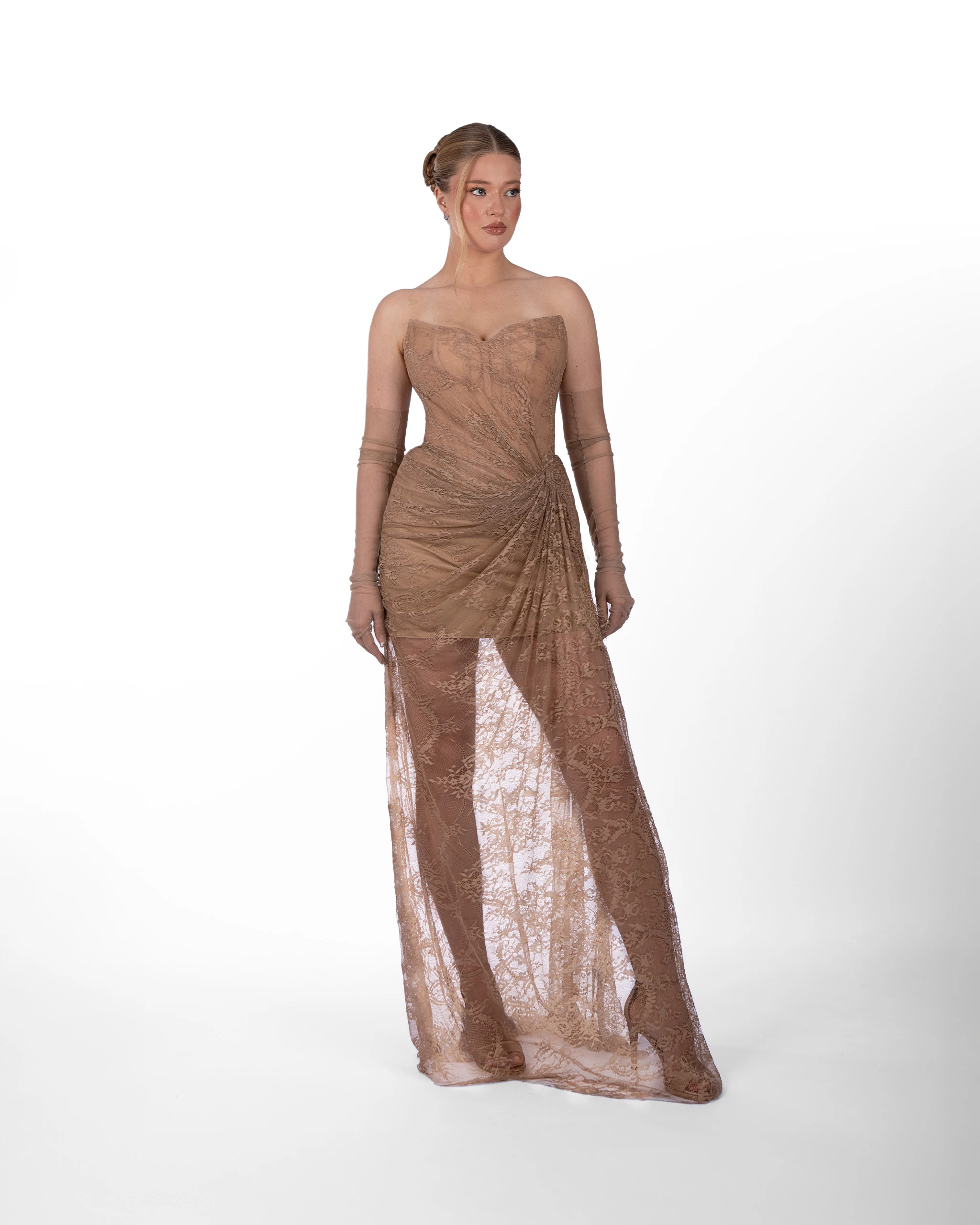 Brownlee Abiye – Zarif Drapeli Kahve Nude Geçişli Model