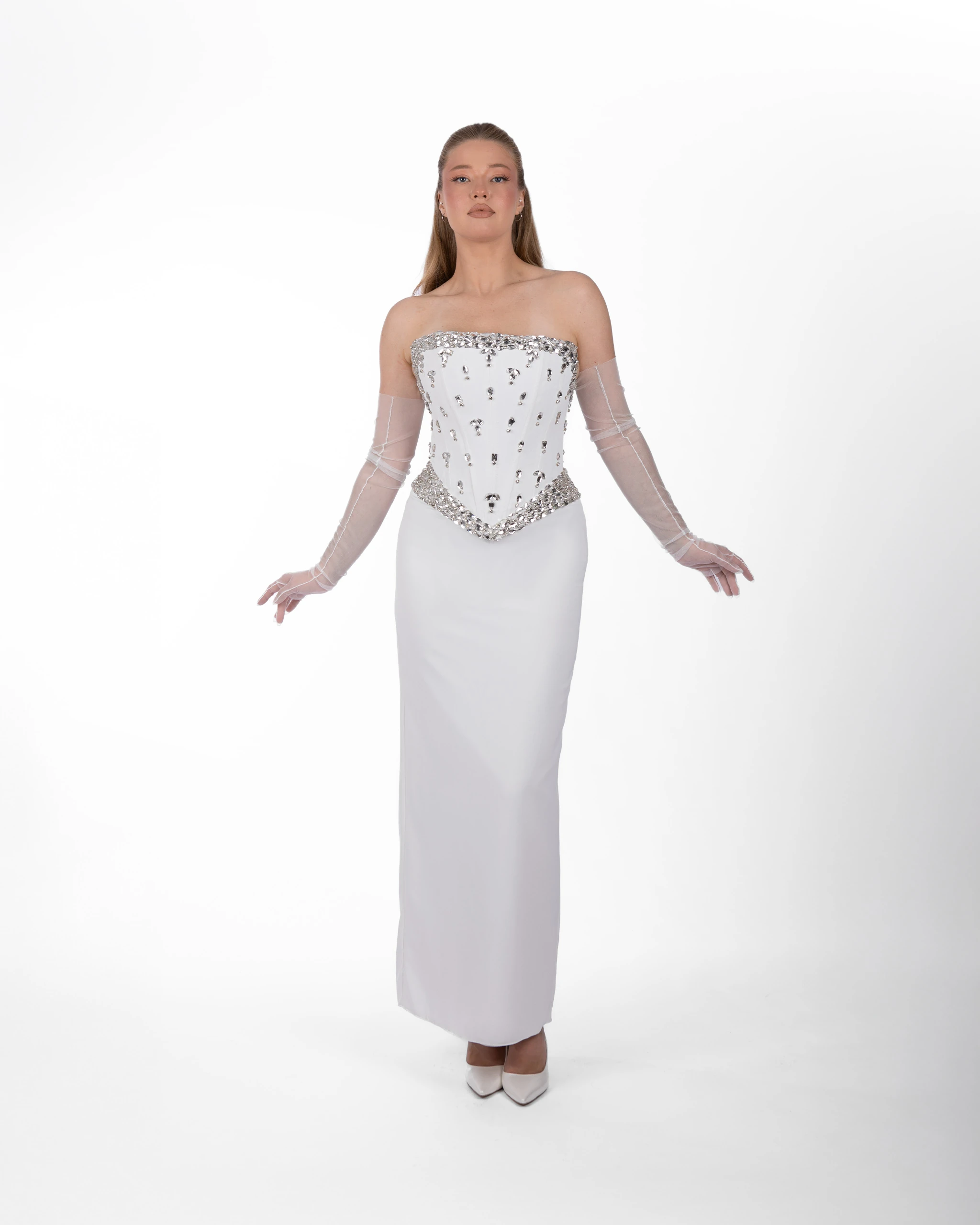 Kaus Beyaz - Taş Detaylı Korse Formlu Modern Tasarım