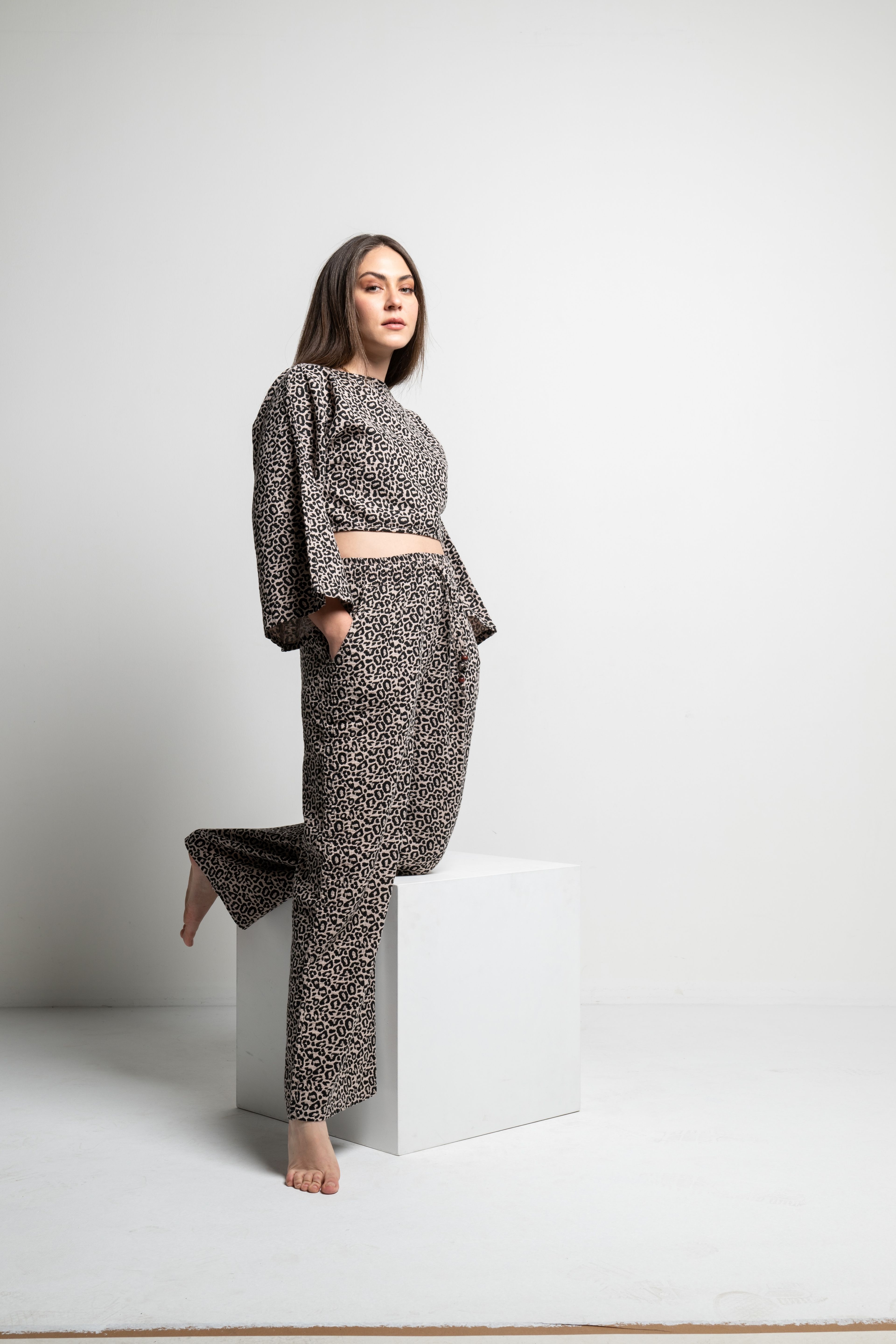 Leopard Kadın Crop-Pantolon Takım