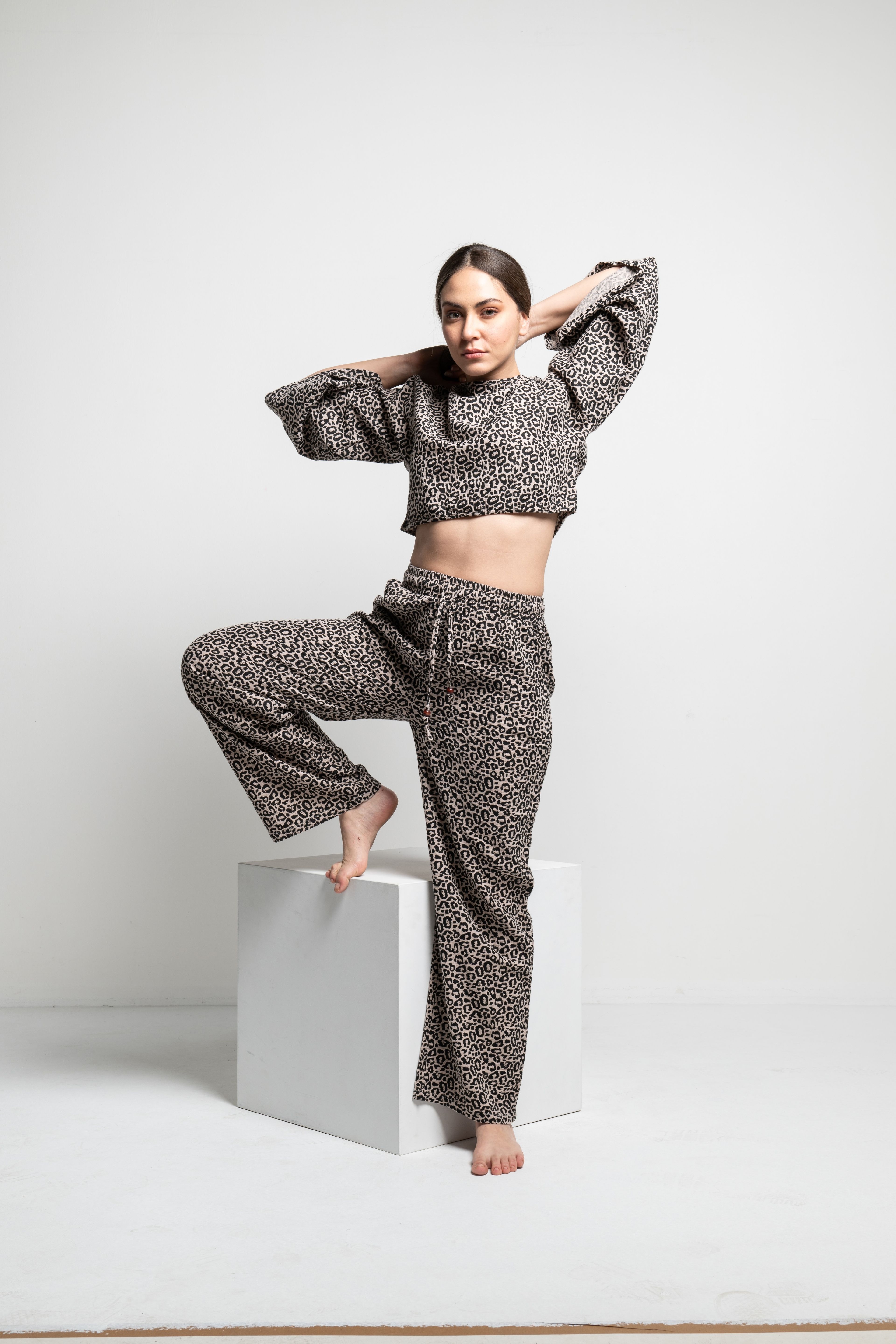 Leopard Kadın Crop-Pantolon Takım