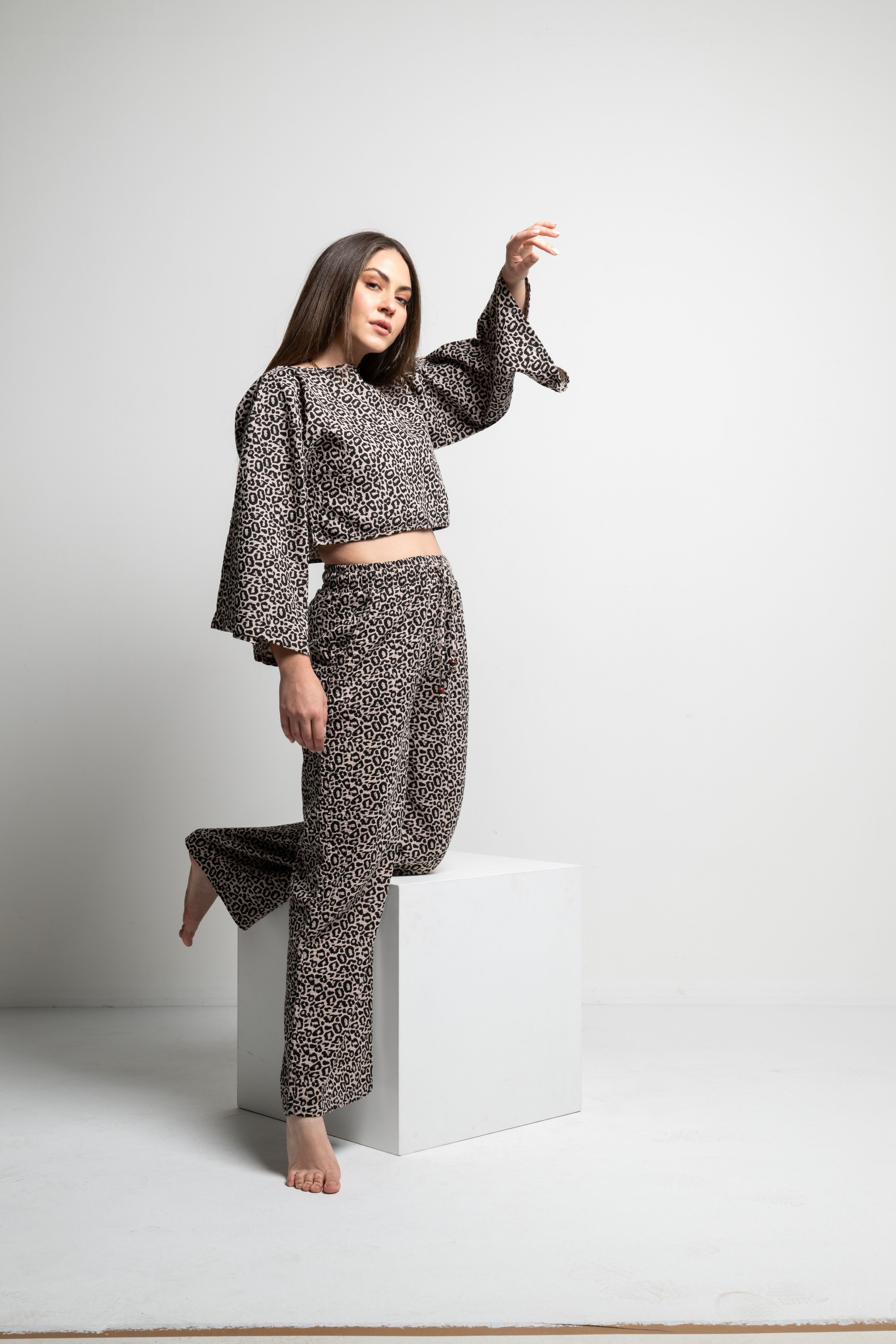 Leopard Kadın Crop-Pantolon Takım