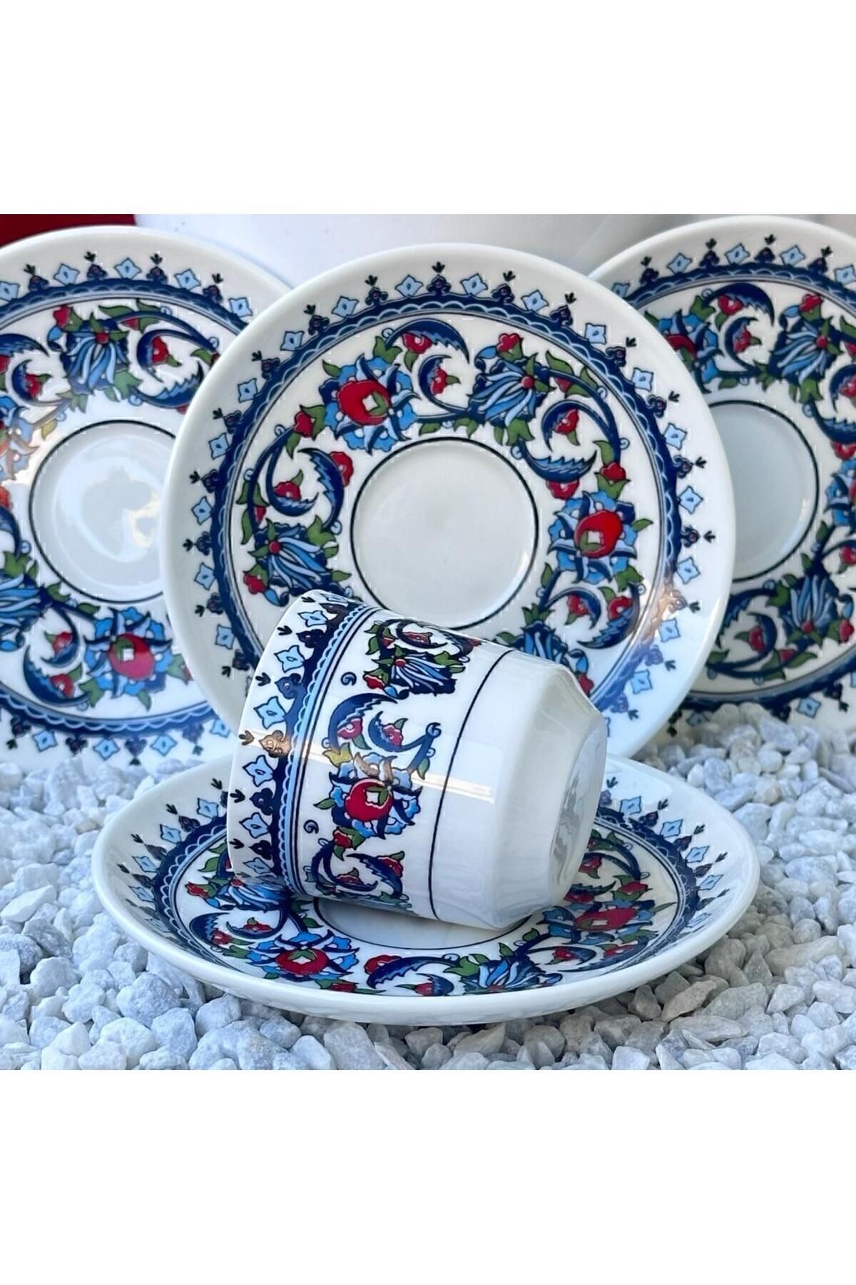Porselen Topkapı Çini Desenli 6 Kişilik Türk Kahvesi Fincan Takımı 12 Parça