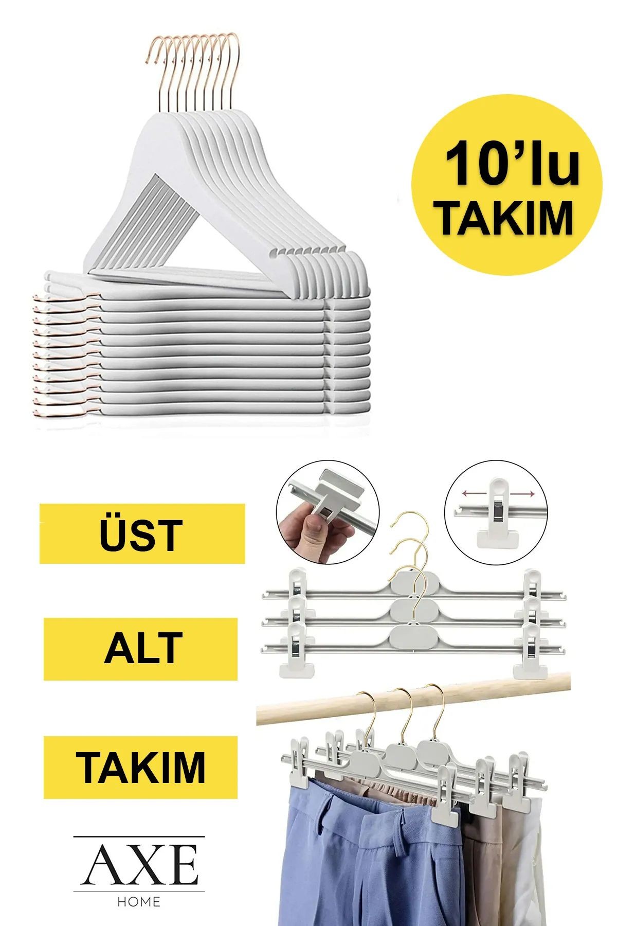 10 Takım Beyaz Ahşap Görünümlü Askı Mandallı Etek Pantolon Askısı Gold Kancalı - Beyaz