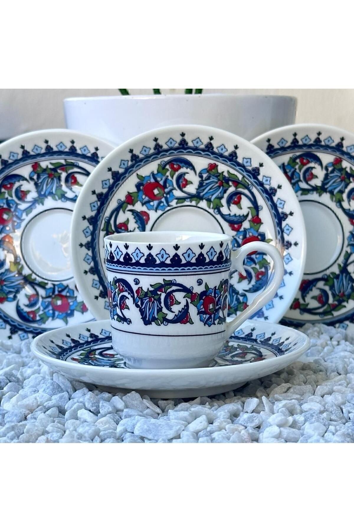 Porselen Topkapı Çini Desenli 6 Kişilik Türk Kahvesi Fincan Takımı 12 Parça