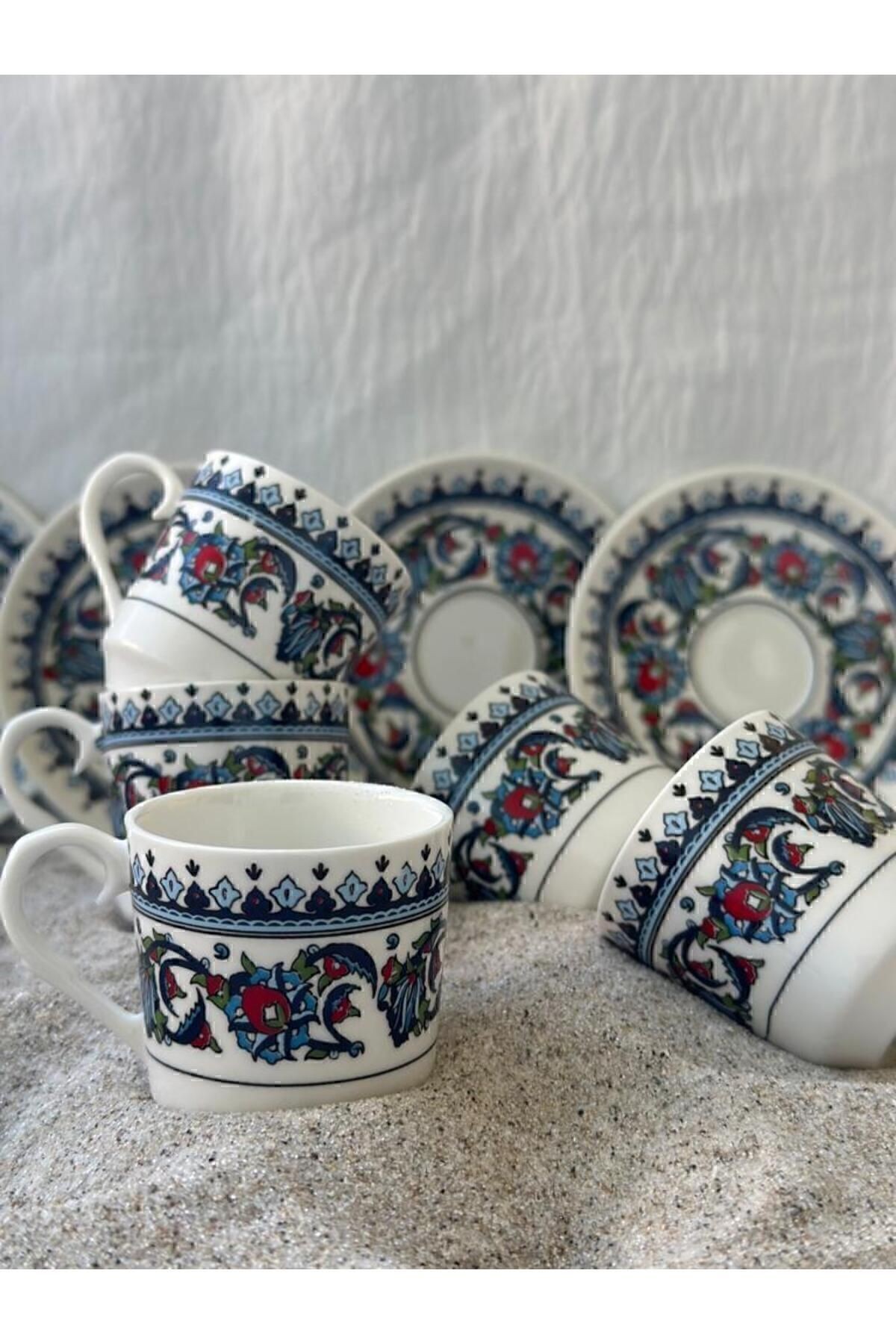 Porselen Topkapı Çini Desenli 6 Kişilik Türk Kahvesi Fincan Takımı 12 Parça