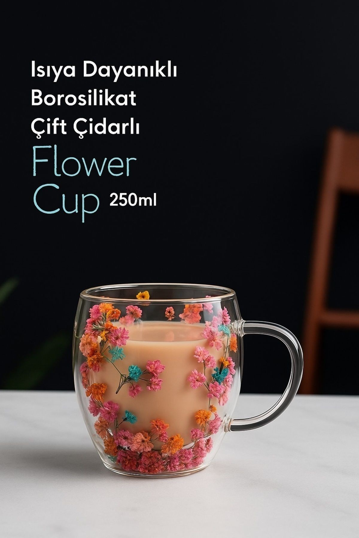 Keyfisepet En Keyifli Sepet Isıya Dayanıklı Borosilikat Çift Çidarlı Flower Cup Çiçekli Bardak