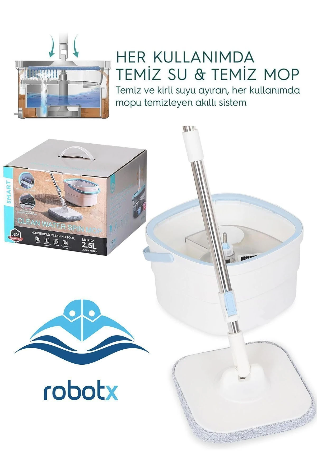 RobotX Mop Temiz Su Ile Kirli Su Ile Ayıran Otomatik Temizlik Seti