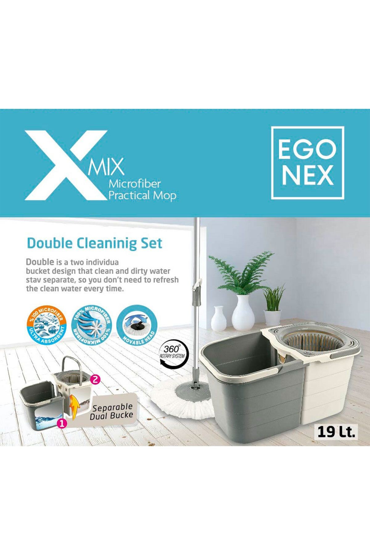 X-MİX Double Temizlik Seti Ayrılabilir Çift Hazneli Duo Mop Temiz Kirli Su Ayrı 19 lt