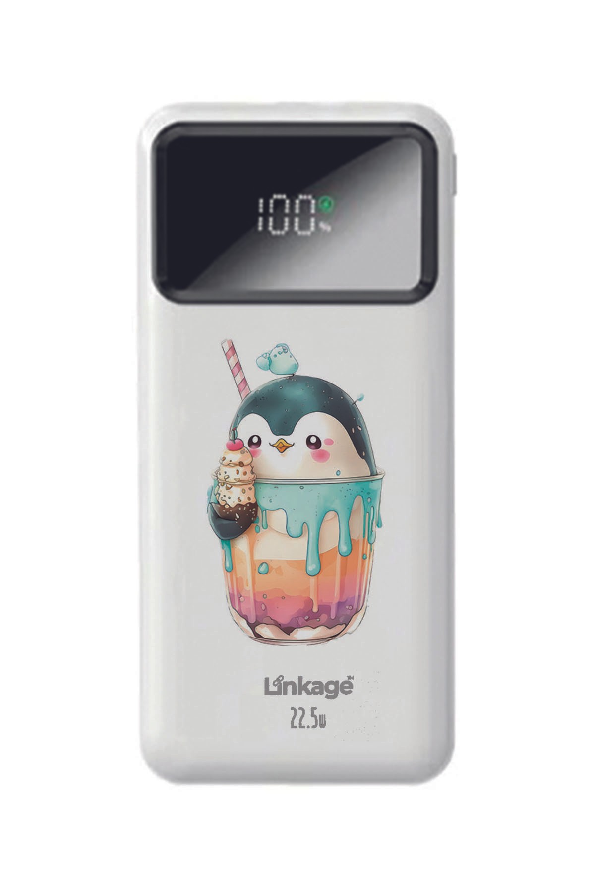Kawaii Penguen Baskılı Beyaz 22,5 W Hızlı Şarj Özellikli LCD Ekranlı 10000 Mah Powerbank