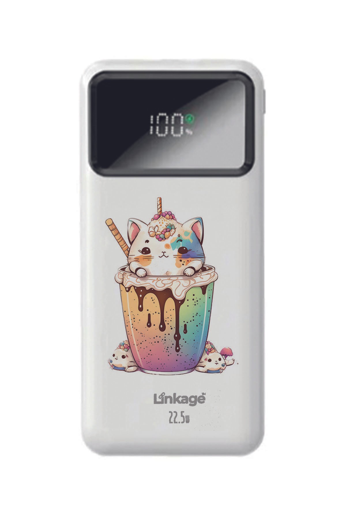 Kawaii Kedi Baskılı Beyaz 22,5 W Hızlı Şarj Özellikli LCD Ekranlı 10000 Mah Powerbank